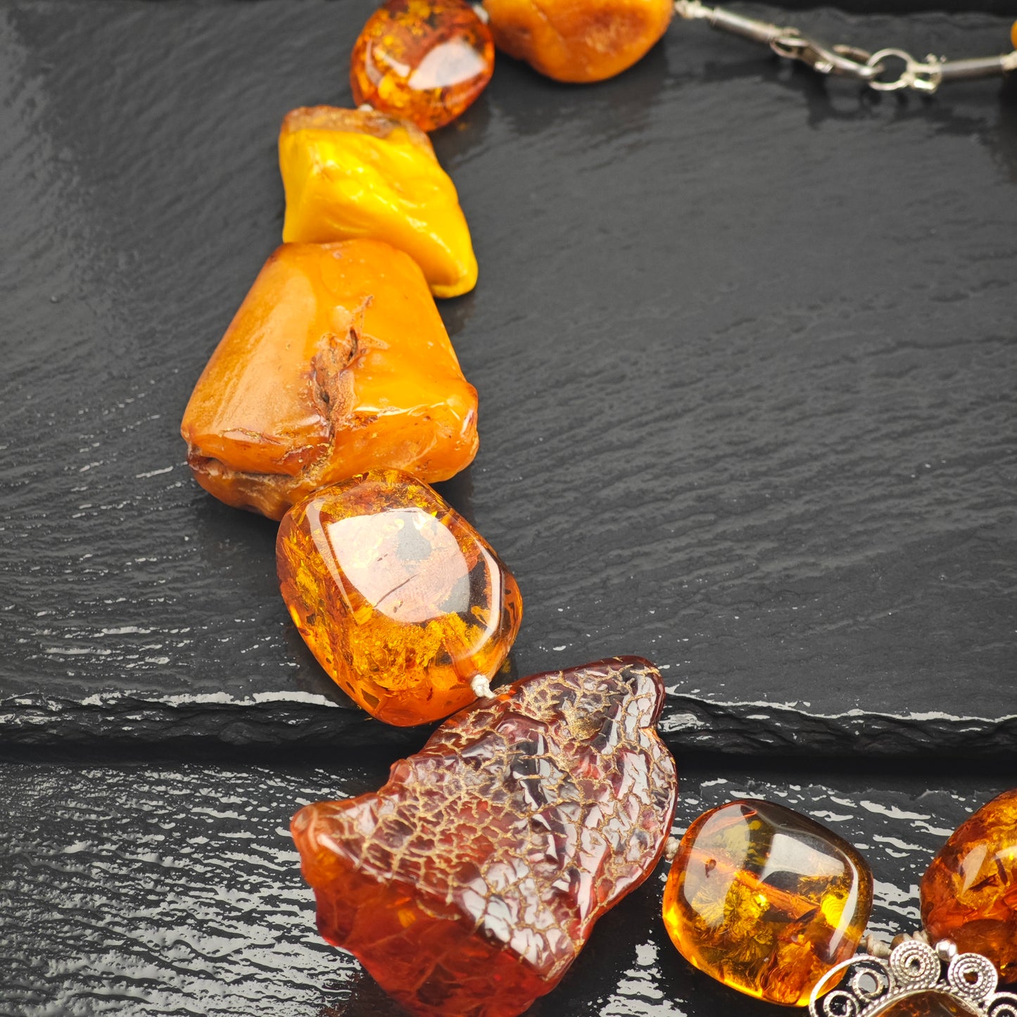 Vintage Large Symmetrical Amber Beaded Necklace Sterling Silver N2772