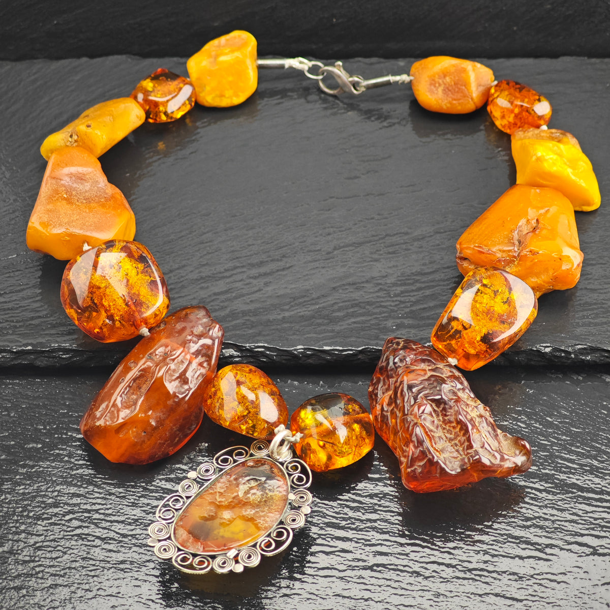 Vintage Large Symmetrical Amber Beaded Necklace Sterling Silver N2772