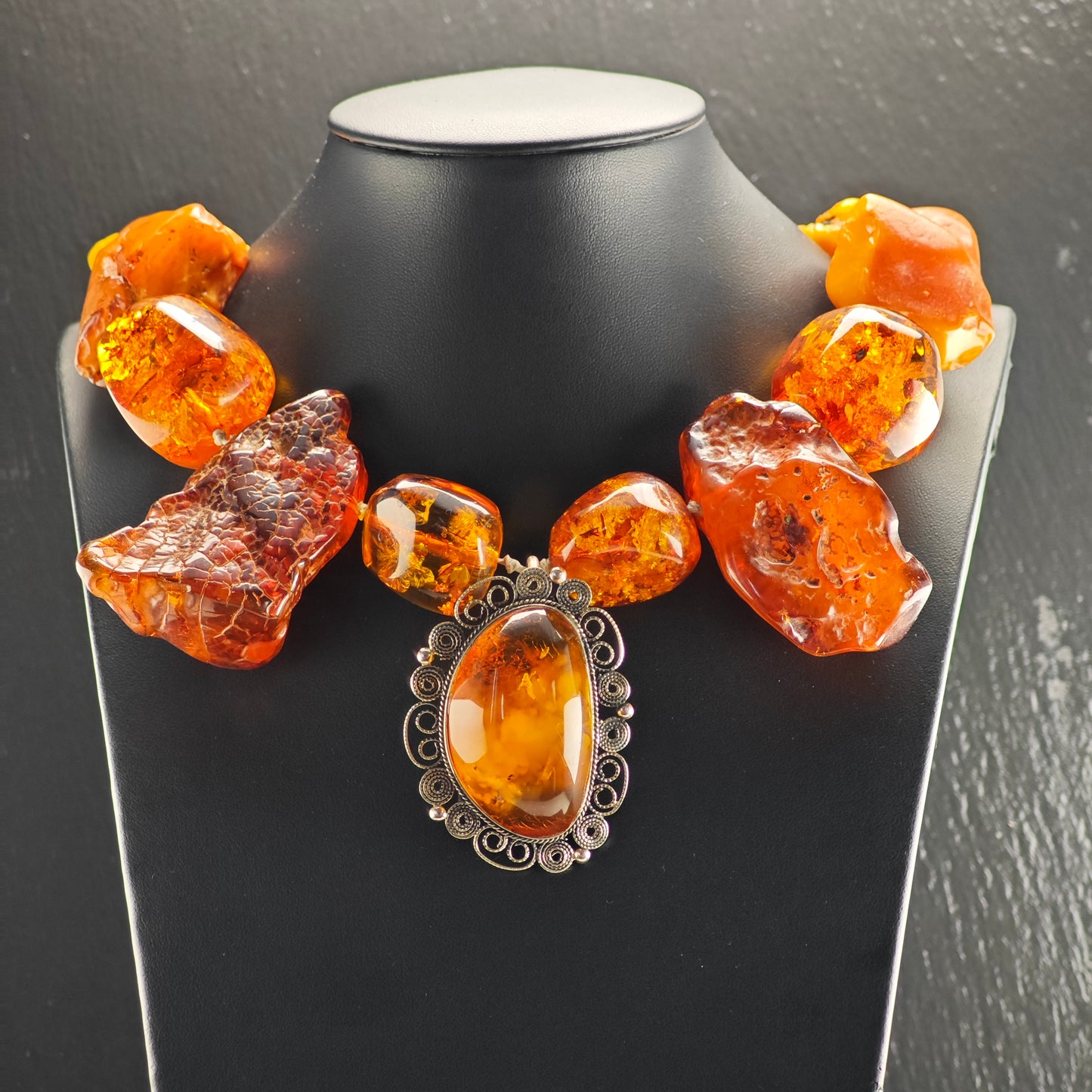 Vintage Large Symmetrical Amber Beaded Necklace Sterling Silver N2772