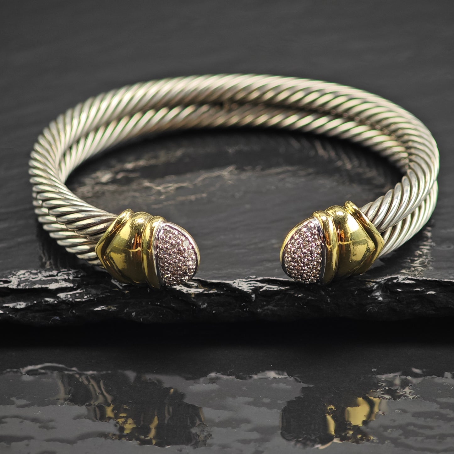 Vintage David Yurman Diamond 18k Gold 2 Row Cable Sterling Silver Cuff Sz 6 1/2" BR3144