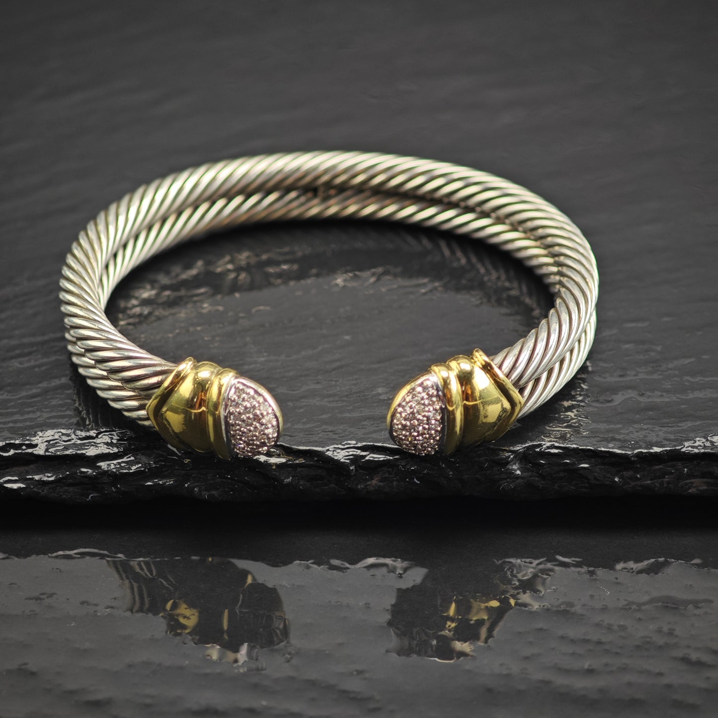 Vintage David Yurman Diamond 18k Gold 2 Row Cable Sterling Silver Cuff Sz 6 1/2" BR3144