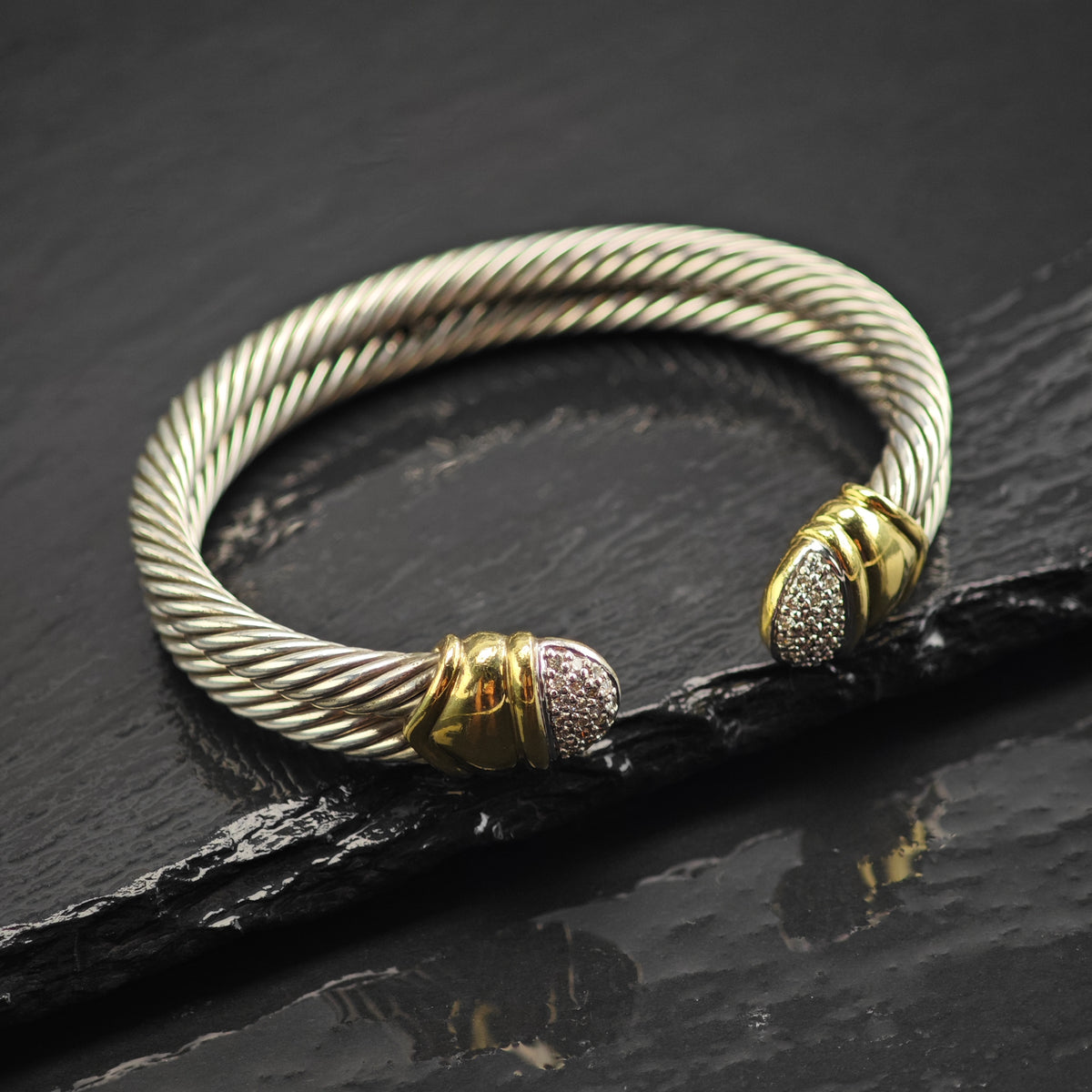 Vintage David Yurman Diamond 18k Gold 2 Row Cable Sterling Silver Cuff Sz 6 1/2" BR3144