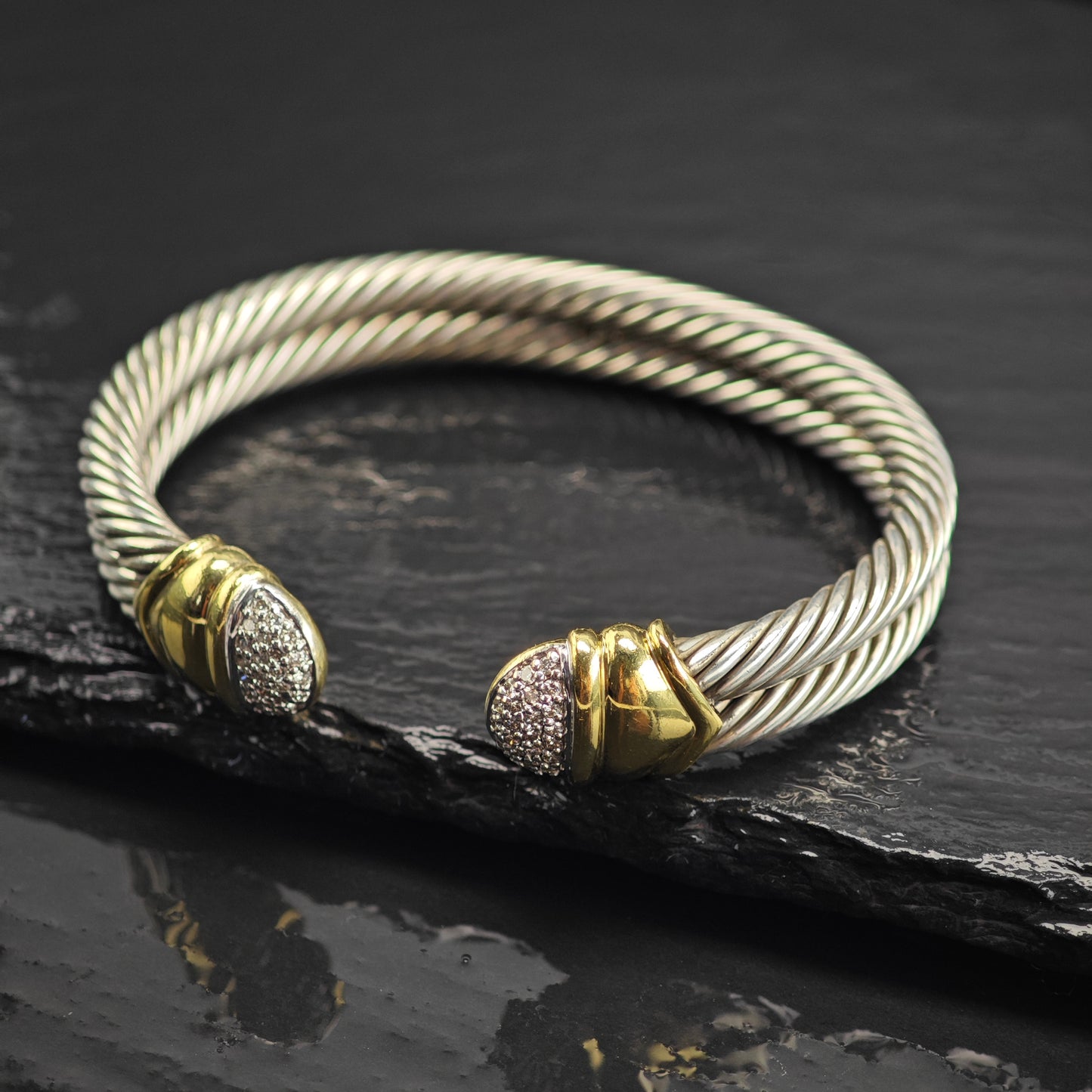 Vintage David Yurman Diamond 18k Gold 2 Row Cable Sterling Silver Cuff Sz 6 1/2" BR3144