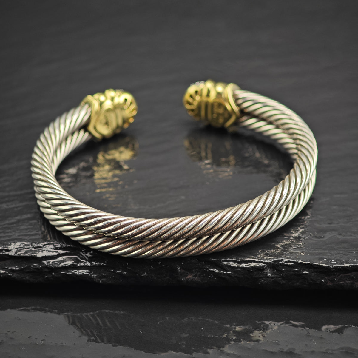 Vintage David Yurman Diamond 18k Gold 2 Row Cable Sterling Silver Cuff Sz 6 1/2" BR3144