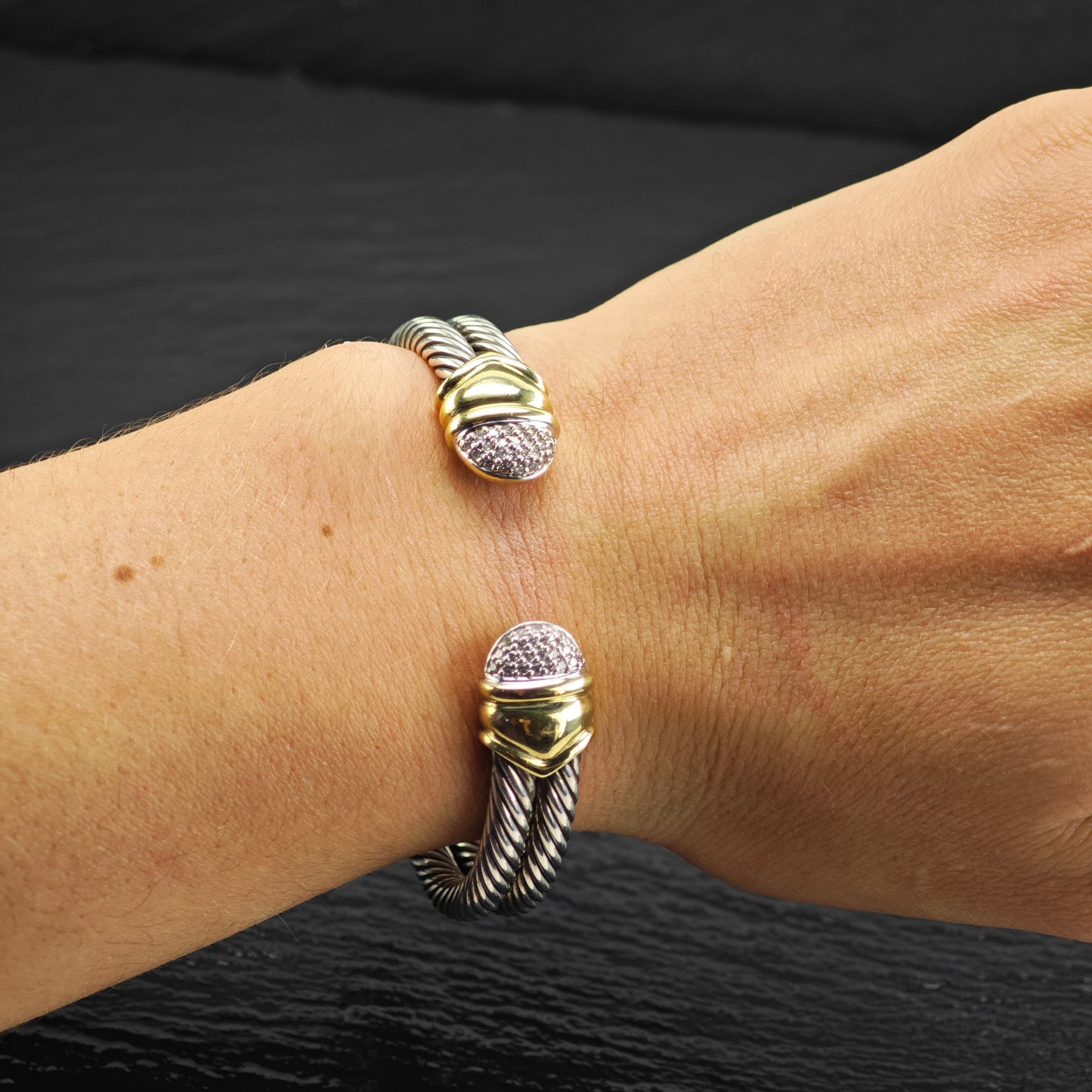 Vintage David Yurman Diamond 18k Gold 2 Row Cable Sterling Silver Cuff Sz 6 1/2" BR3144