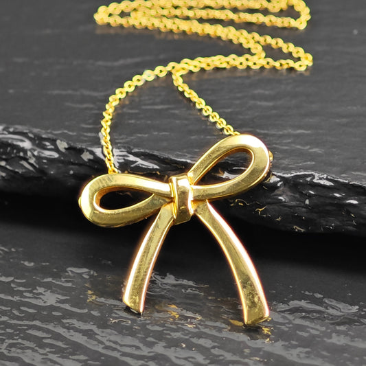 Vintage Tiffany & Co.  Sterling Silver Gold 23mm 18k Gold Bow Necklace N2780