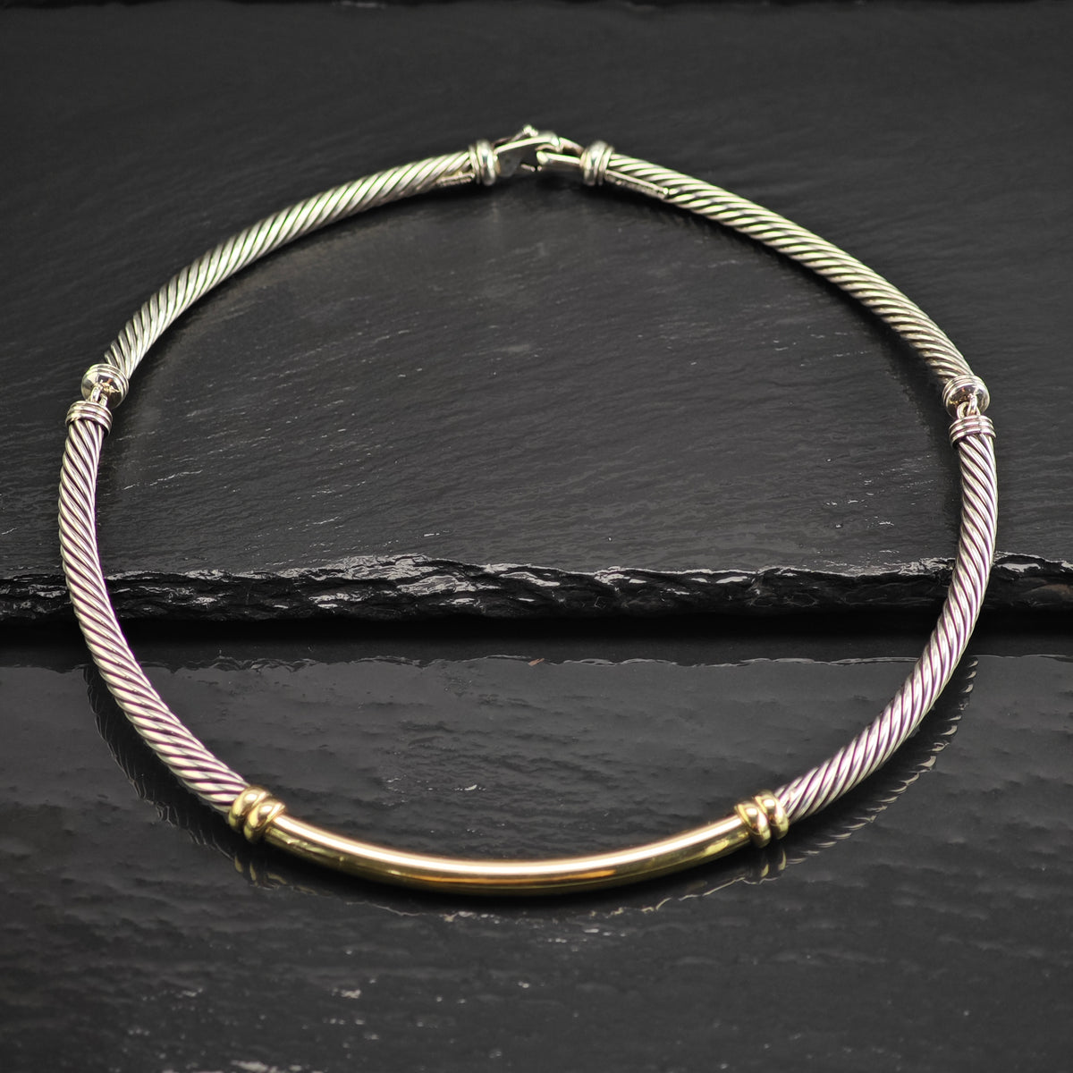 Vintage David Yurman 5mm 1/4 14k Gold Accent, Sterling Silver Metro Collar Necklace N2792