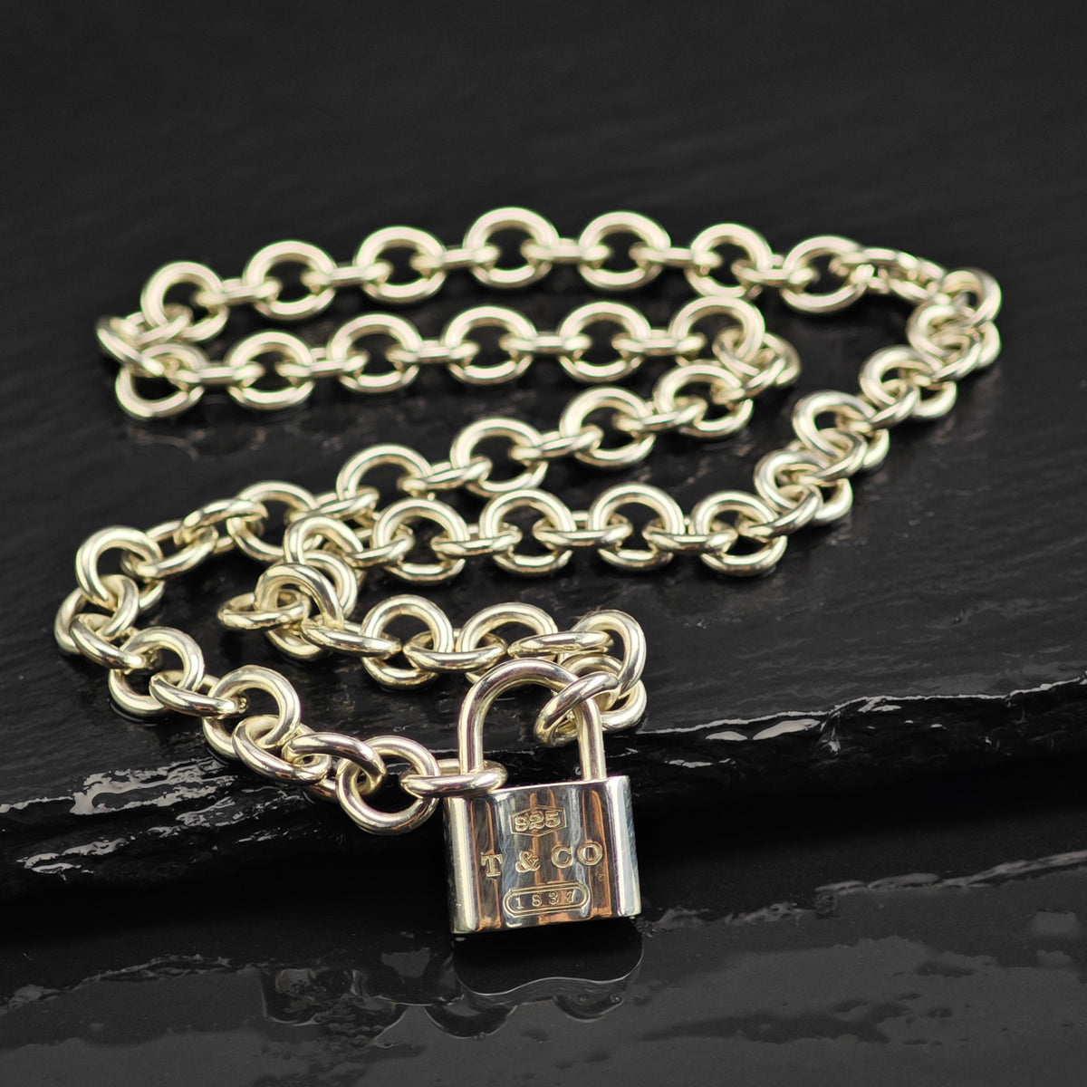 Vintage Tiffany & Co. 1837 Padlock Pendant Curb Chain Sterling Silver Necklace N2795