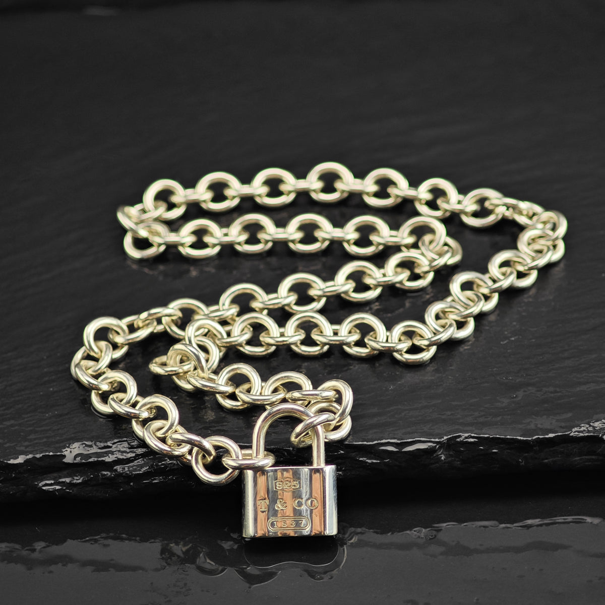 Vintage Tiffany & Co. 1837 Padlock Pendant Curb Chain Sterling Silver Necklace N2795