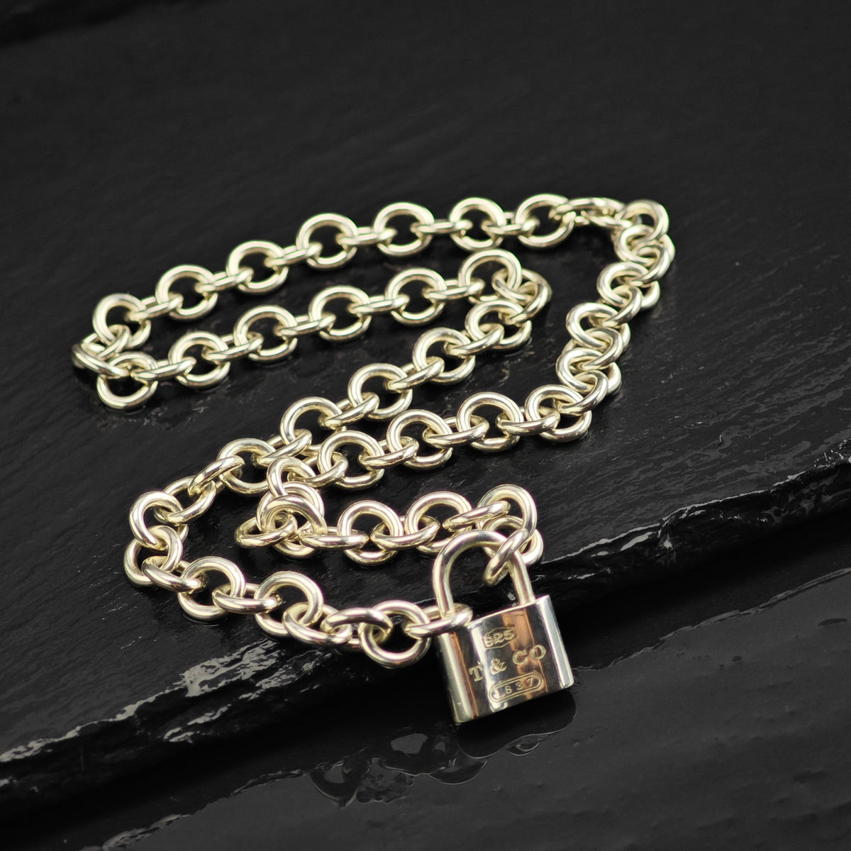 Vintage Tiffany & Co. 1837 Padlock Pendant Curb Chain Sterling Silver Necklace N2795