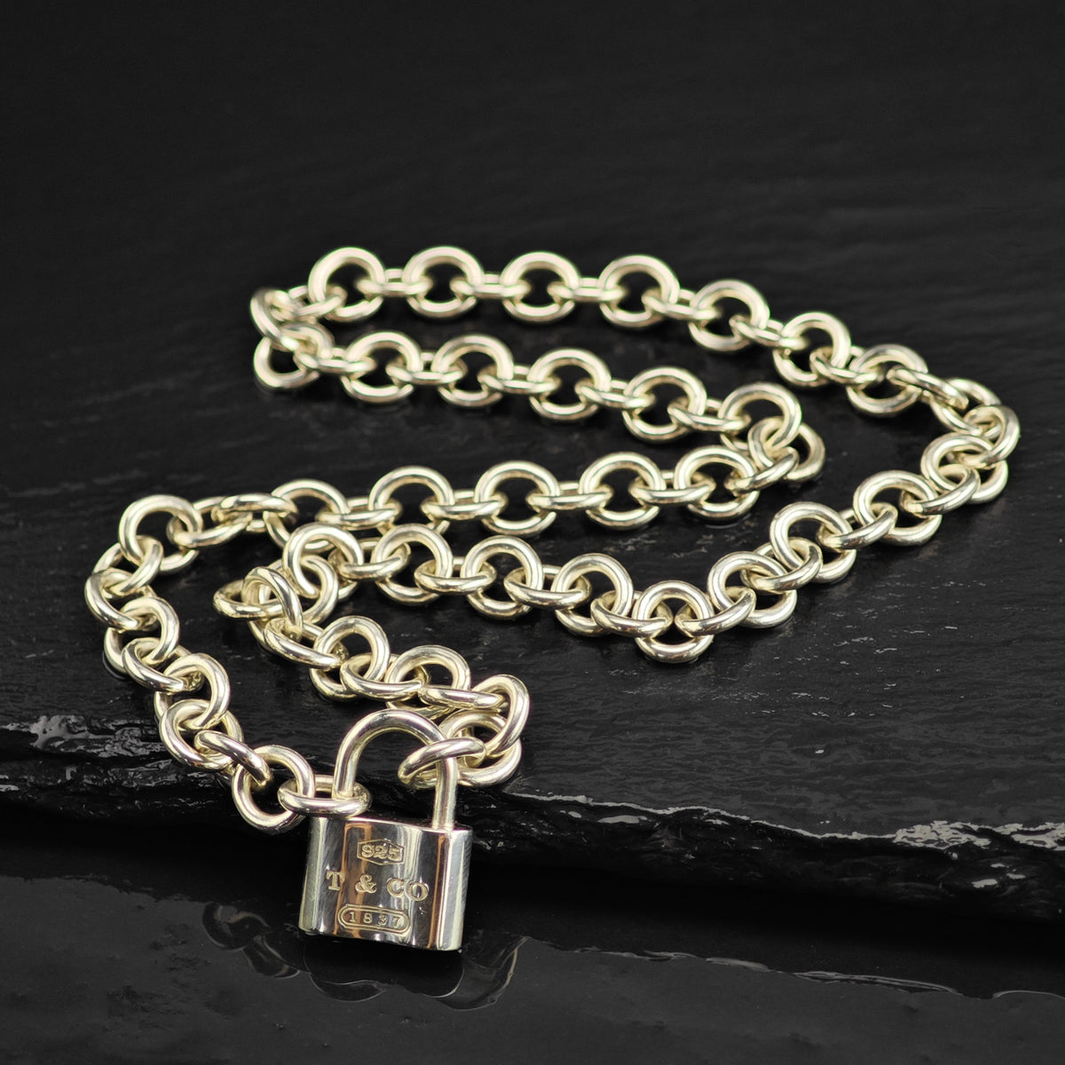 Vintage Tiffany & Co. 1837 Padlock Pendant Curb Chain Sterling Silver Necklace N2795