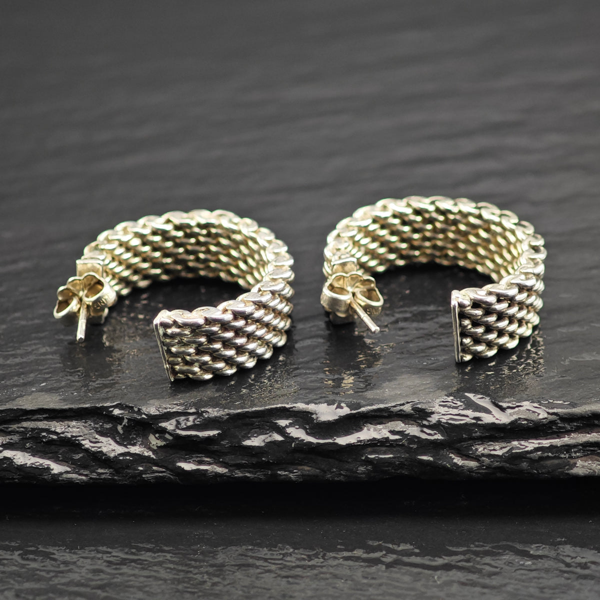 Vintage Tiffany & Co 1" Somerset Mesh Sterling Silver Stud/Hoop Earrings ER3243