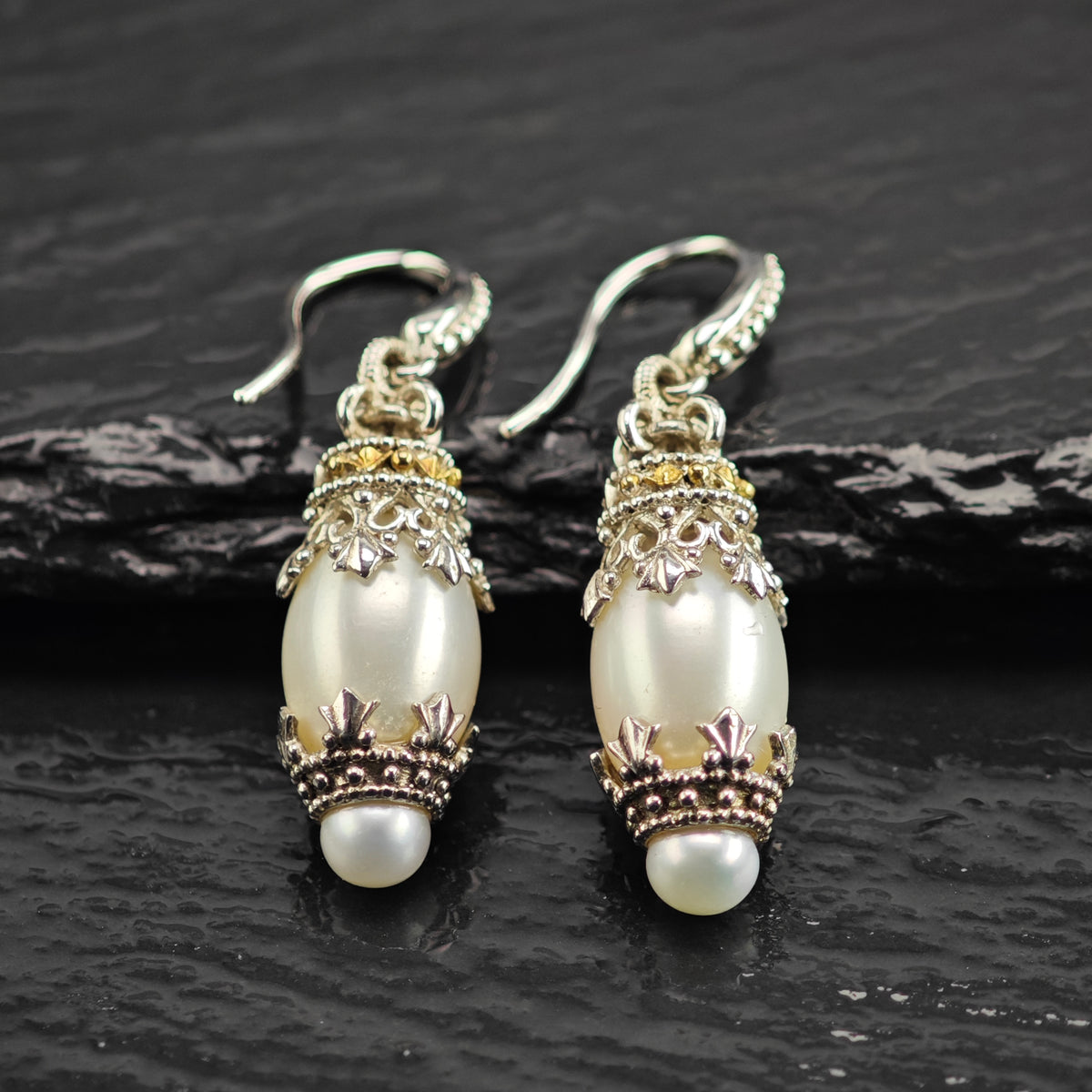 Vintage Gabriel & Co.  White Pearl 18k Gold Accent Sterling Silver Dangle Earrings ER3244