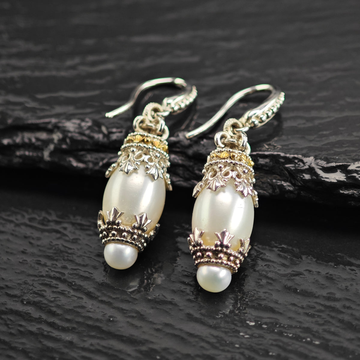 Vintage Gabriel & Co.  White Pearl 18k Gold Accent Sterling Silver Dangle Earrings ER3244