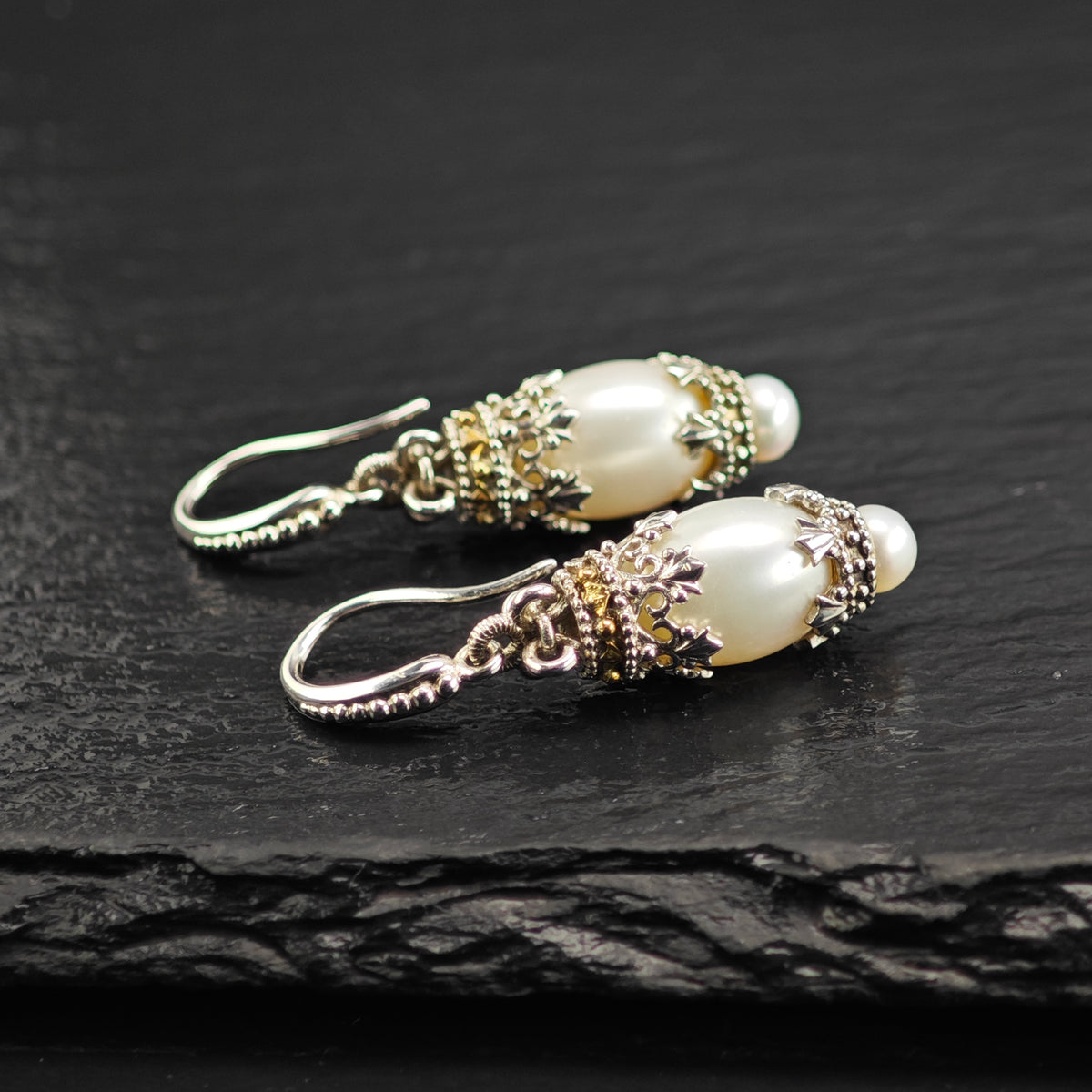 Vintage Gabriel & Co.  White Pearl 18k Gold Accent Sterling Silver Dangle Earrings ER3244