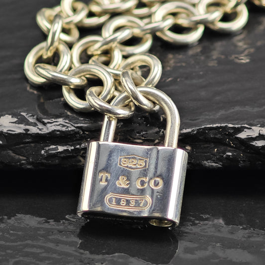 Vintage Tiffany & Co. 1837 Padlock Pendant Curb Chain Sterling Silver Necklace N2795