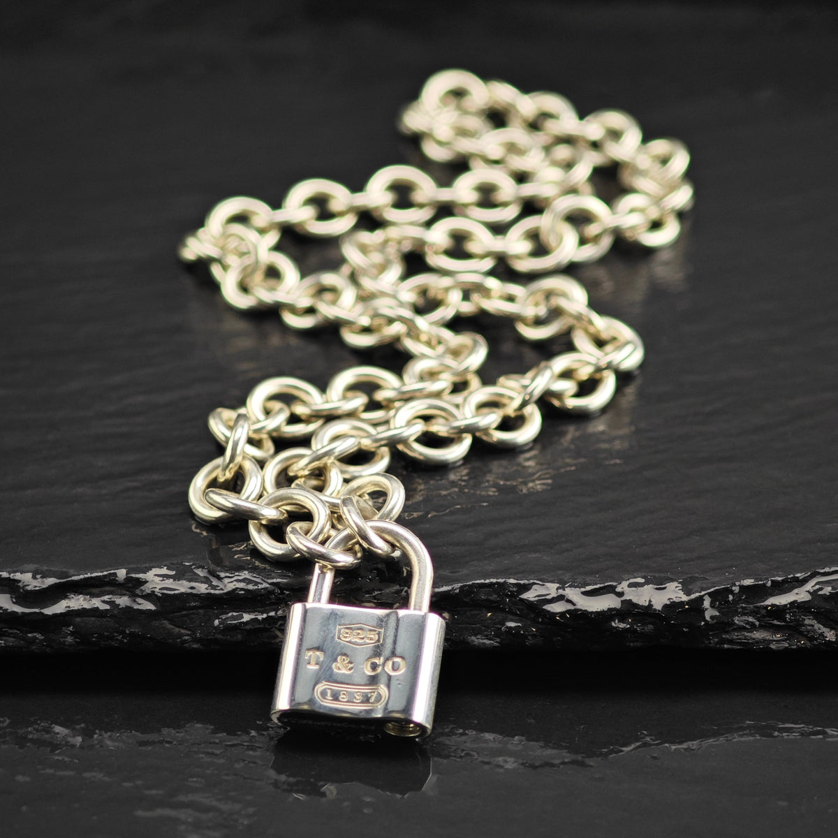 Vintage Tiffany & Co. 1837 Padlock Pendant Curb Chain Sterling Silver Necklace N2795