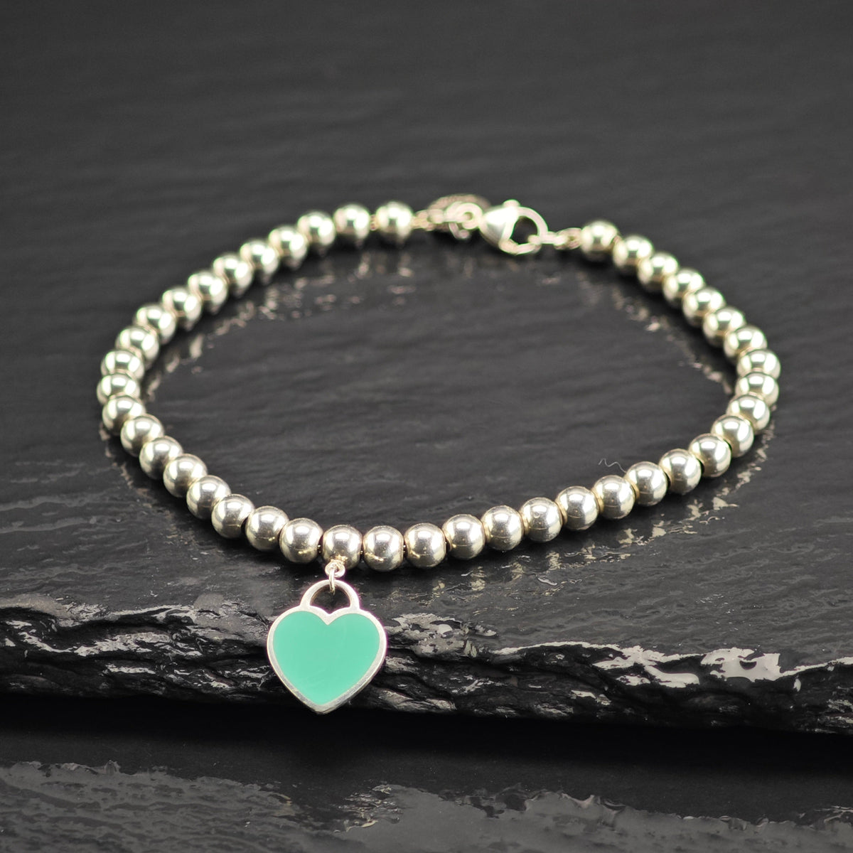 Vintage Tiffany & Co. Enamel Heart Charm Bead Sterling Silver Bracelet Sz 6 1/4" BR3157