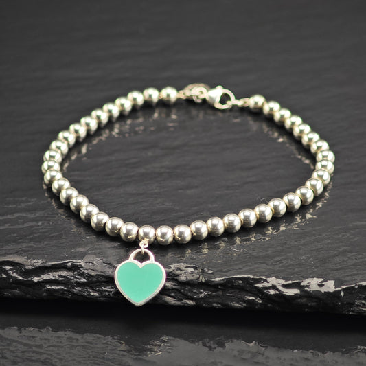 Vintage Tiffany & Co. Enamel Heart Charm Bead Sterling Silver Bracelet Sz 6 1/4" BR3157