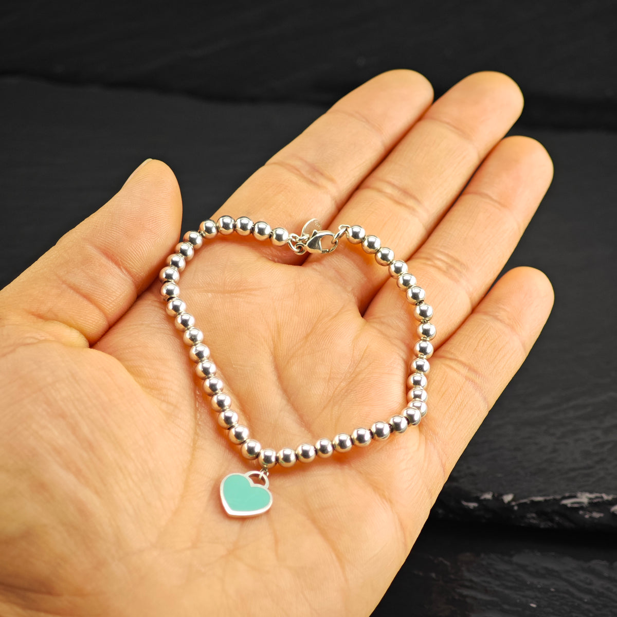 Vintage Tiffany & Co. Enamel Heart Charm Bead Sterling Silver Bracelet Sz 6 1/4" BR3157