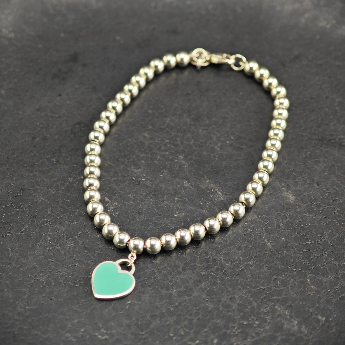 Vintage Tiffany & Co. Enamel Heart Charm Bead Sterling Silver Bracelet Sz 6 1/4" BR3157
