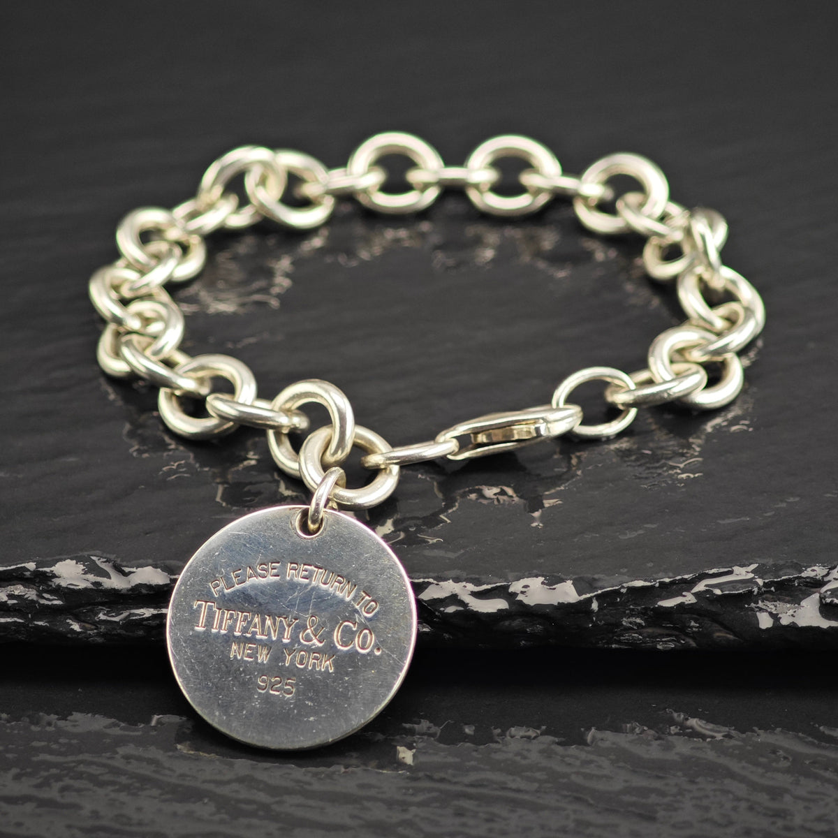 Vintage Tiffany & Co. Circle Tag Sterling Silver Bracelet Sz 7" BR3159