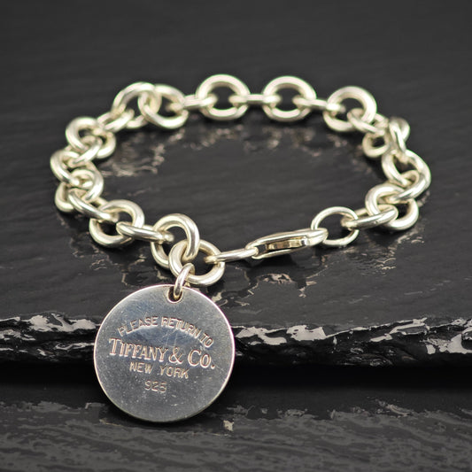 Vintage Tiffany & Co. Circle Tag Sterling Silver Bracelet Sz 7" BR3159