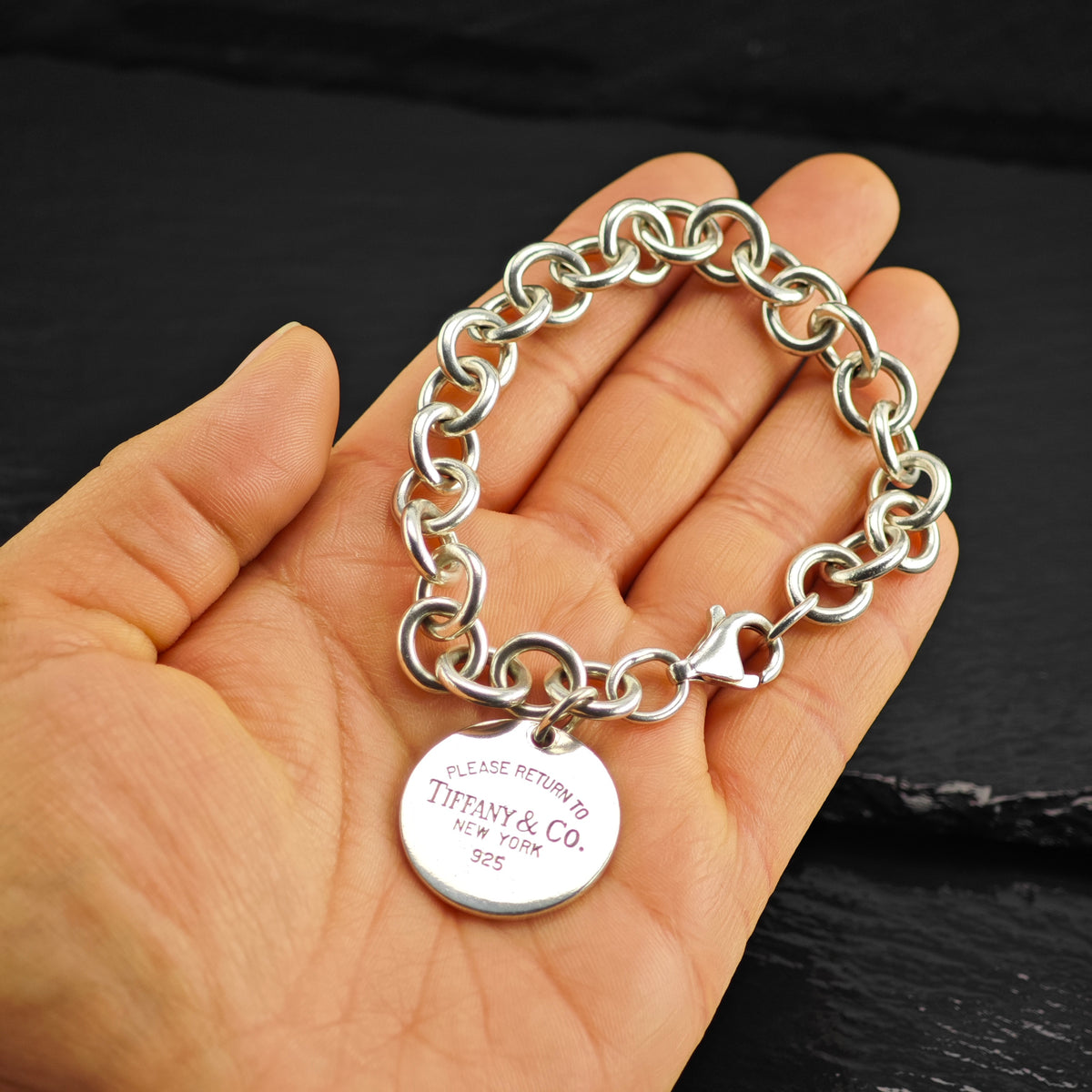 Vintage Tiffany & Co. Circle Tag Sterling Silver Bracelet Sz 7" BR3159