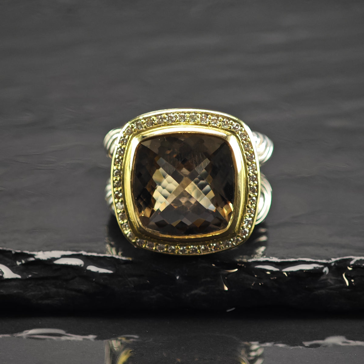 Vintage David Yurman 14mm Smoky Quartz Large Albion Diamond 14k Sterling Silver Ring Sz 7 R6861