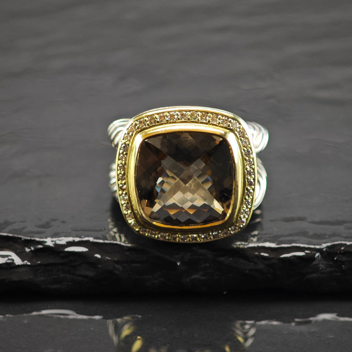 Vintage David Yurman 14mm Smoky Quartz Large Albion Diamond 14k Sterling Silver Ring Sz 7 R6861
