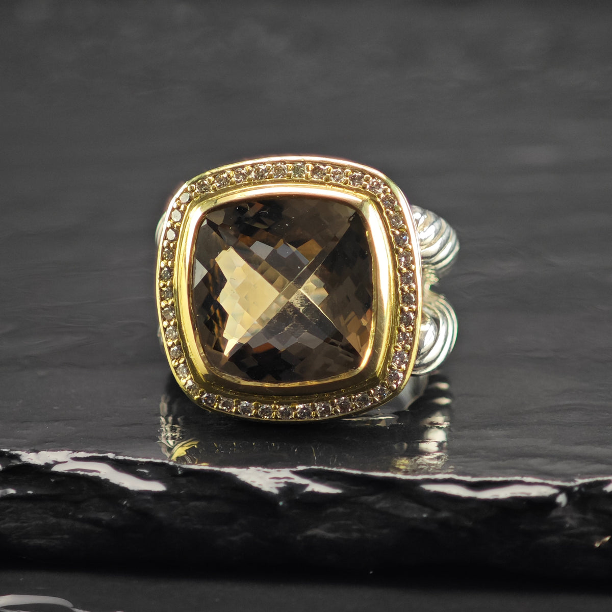 Vintage David Yurman 14mm Smoky Quartz Large Albion Diamond 14k Sterling Silver Ring Sz 7 R6861