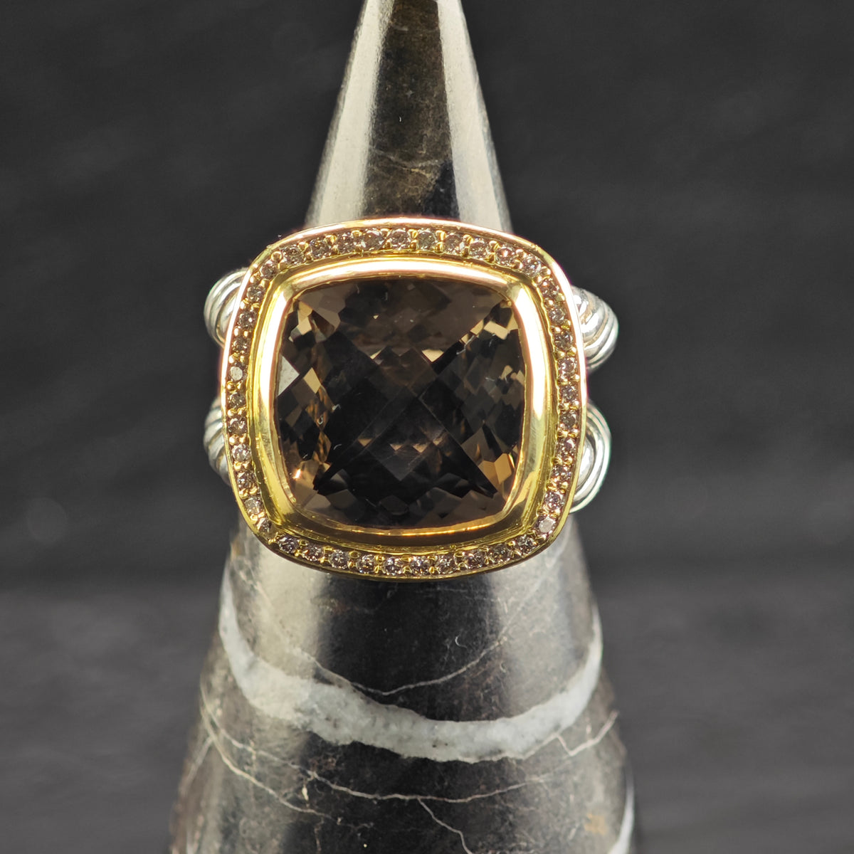 Vintage David Yurman 14mm Smoky Quartz Large Albion Diamond 14k Sterling Silver Ring Sz 7 R6861