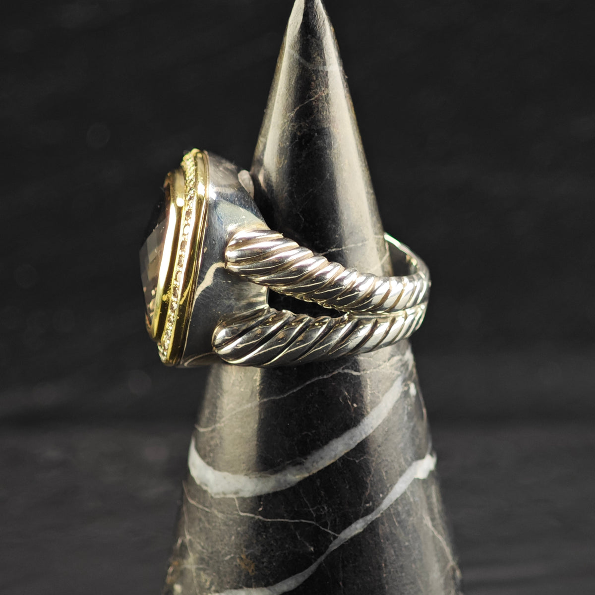 Vintage David Yurman 14mm Smoky Quartz Large Albion Diamond 14k Sterling Silver Ring Sz 7 R6861