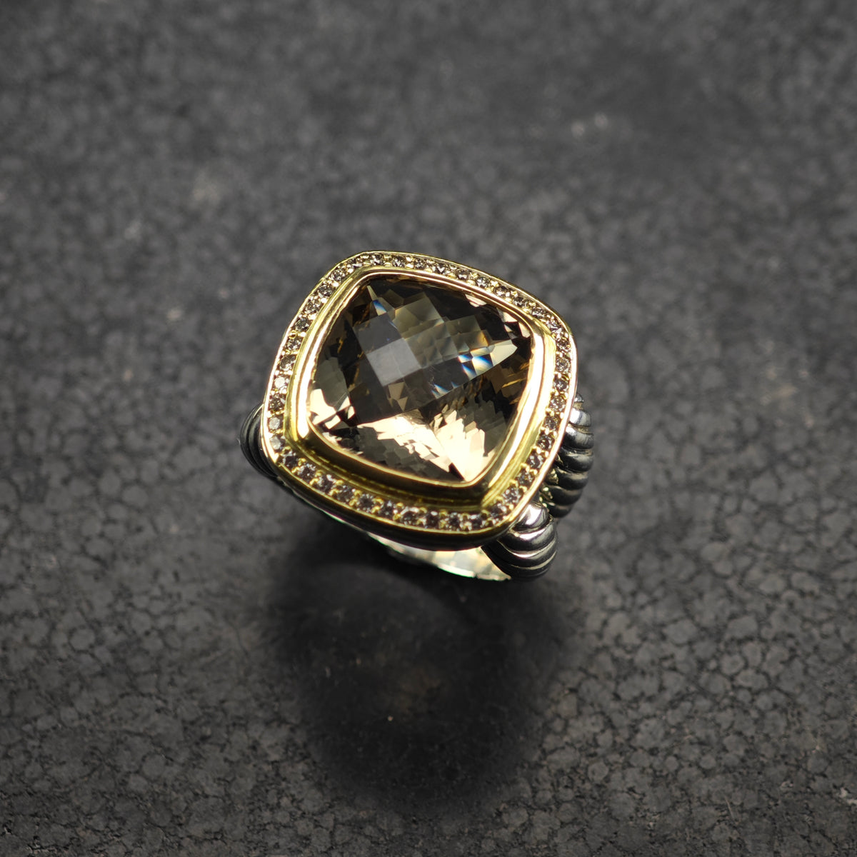 Vintage David Yurman 14mm Smoky Quartz Large Albion Diamond 14k Sterling Silver Ring Sz 7 R6861