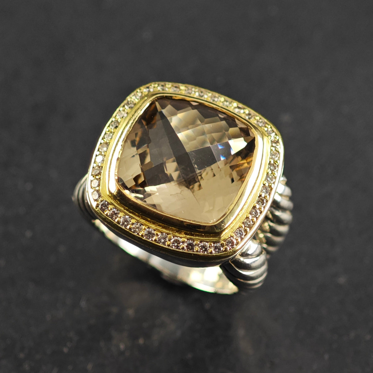 Vintage David Yurman 14mm Smoky Quartz Large Albion Diamond 14k Sterling Silver Ring Sz 7 R6861
