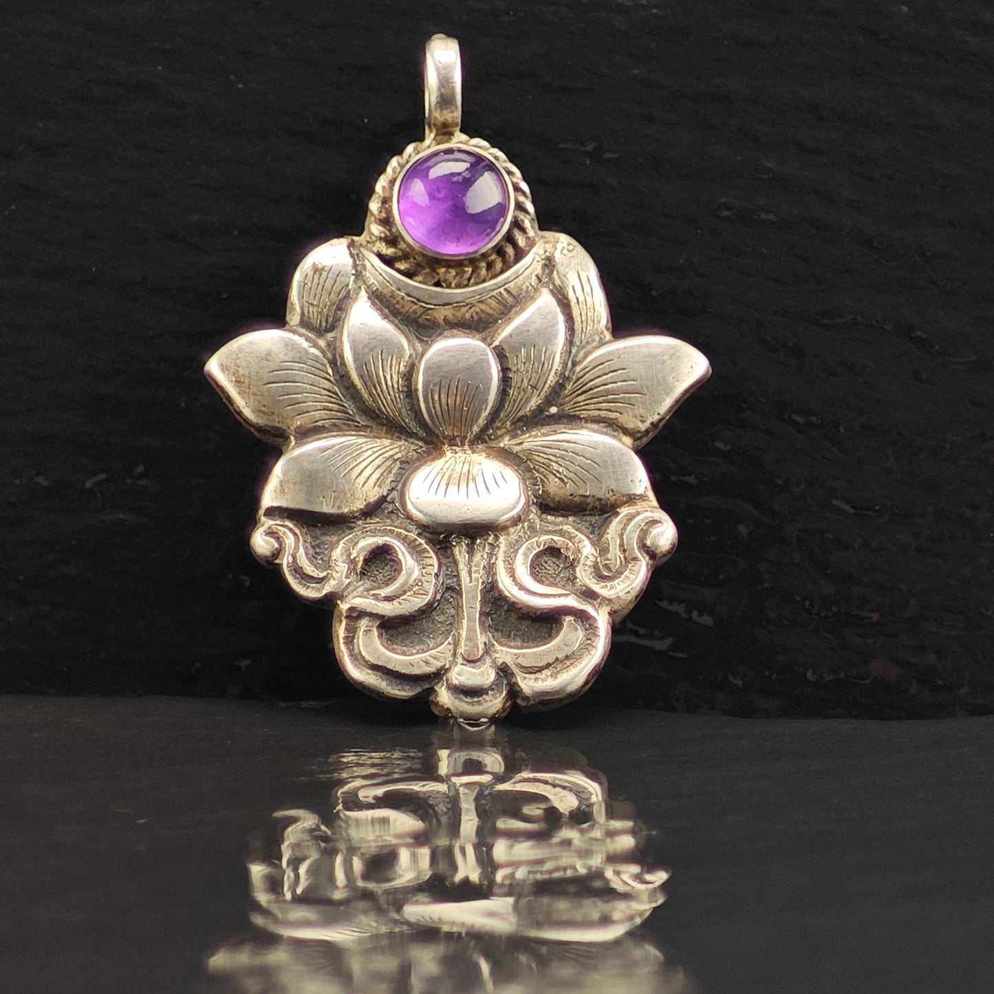 Amethyst Cabochon Floral Pendant Sterling Silver