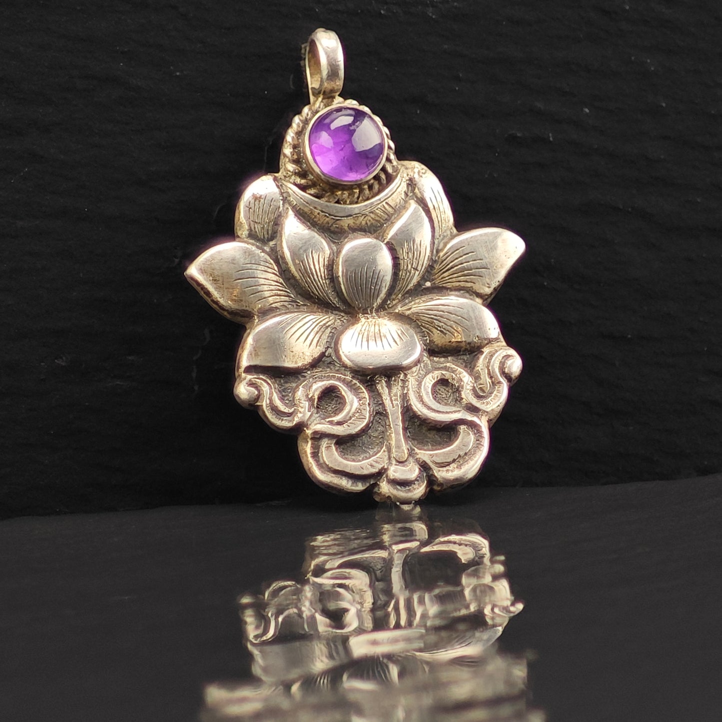Amethyst Cabochon Floral Pendant Sterling Silver