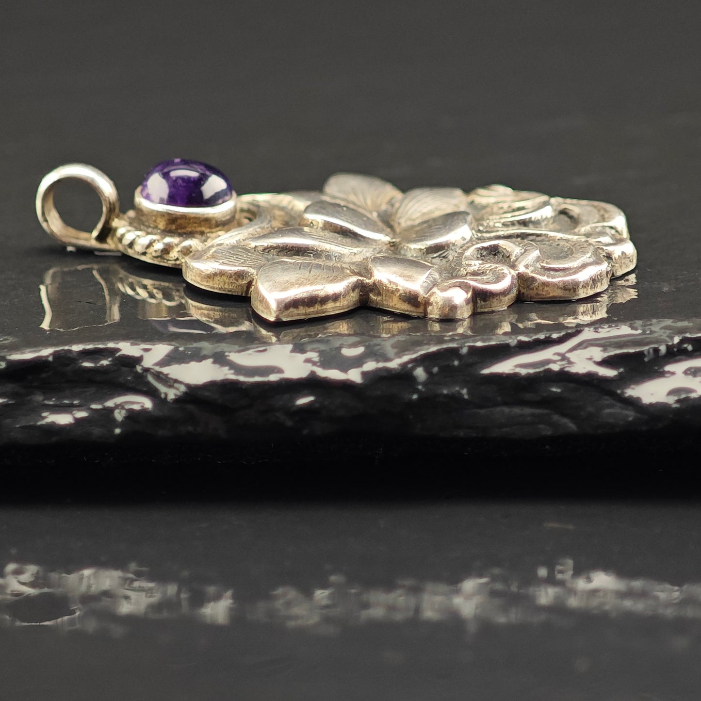 Amethyst Cabochon Floral Pendant Sterling Silver