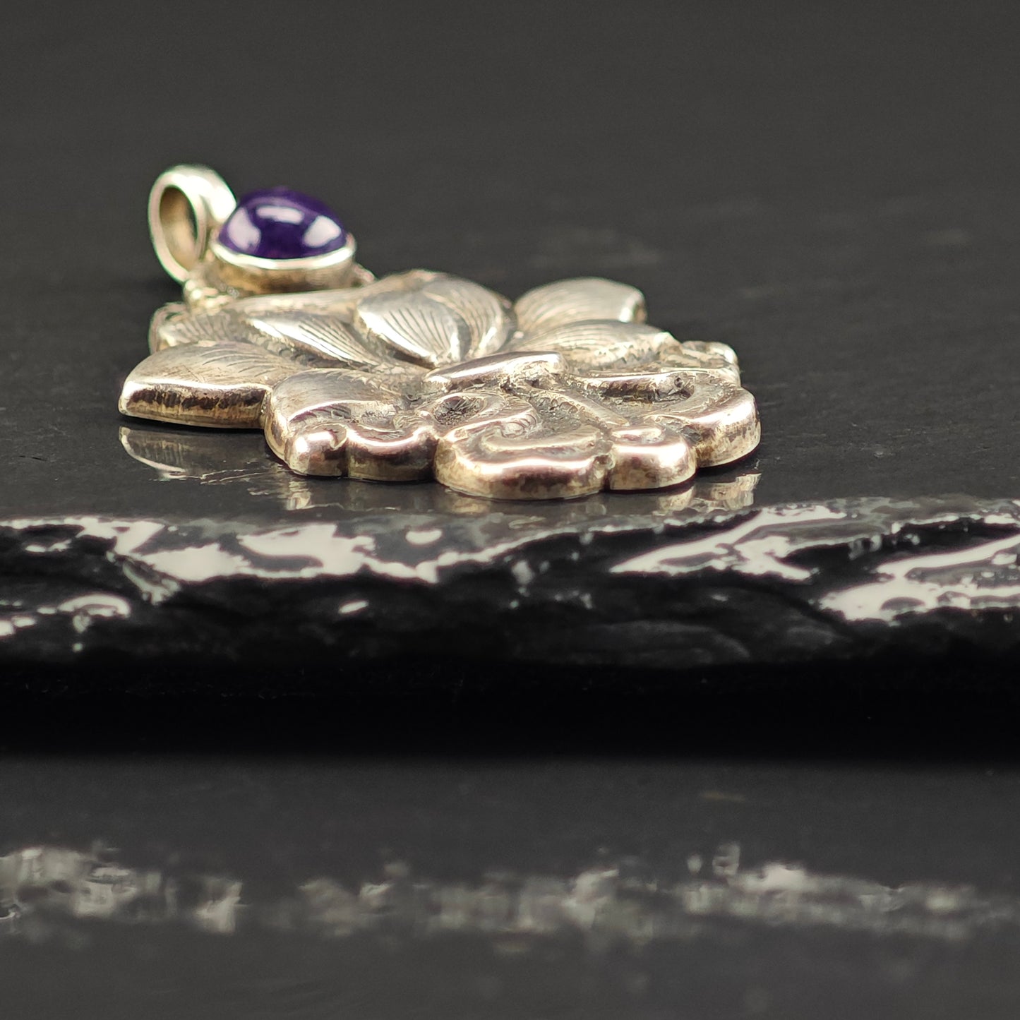 Amethyst Cabochon Floral Pendant Sterling Silver