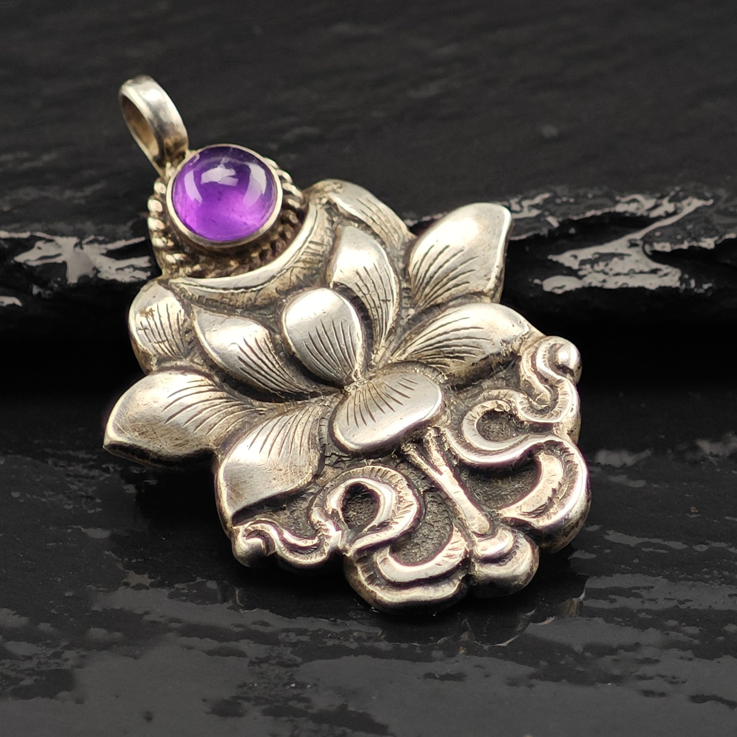 Amethyst Cabochon Floral Pendant Sterling Silver