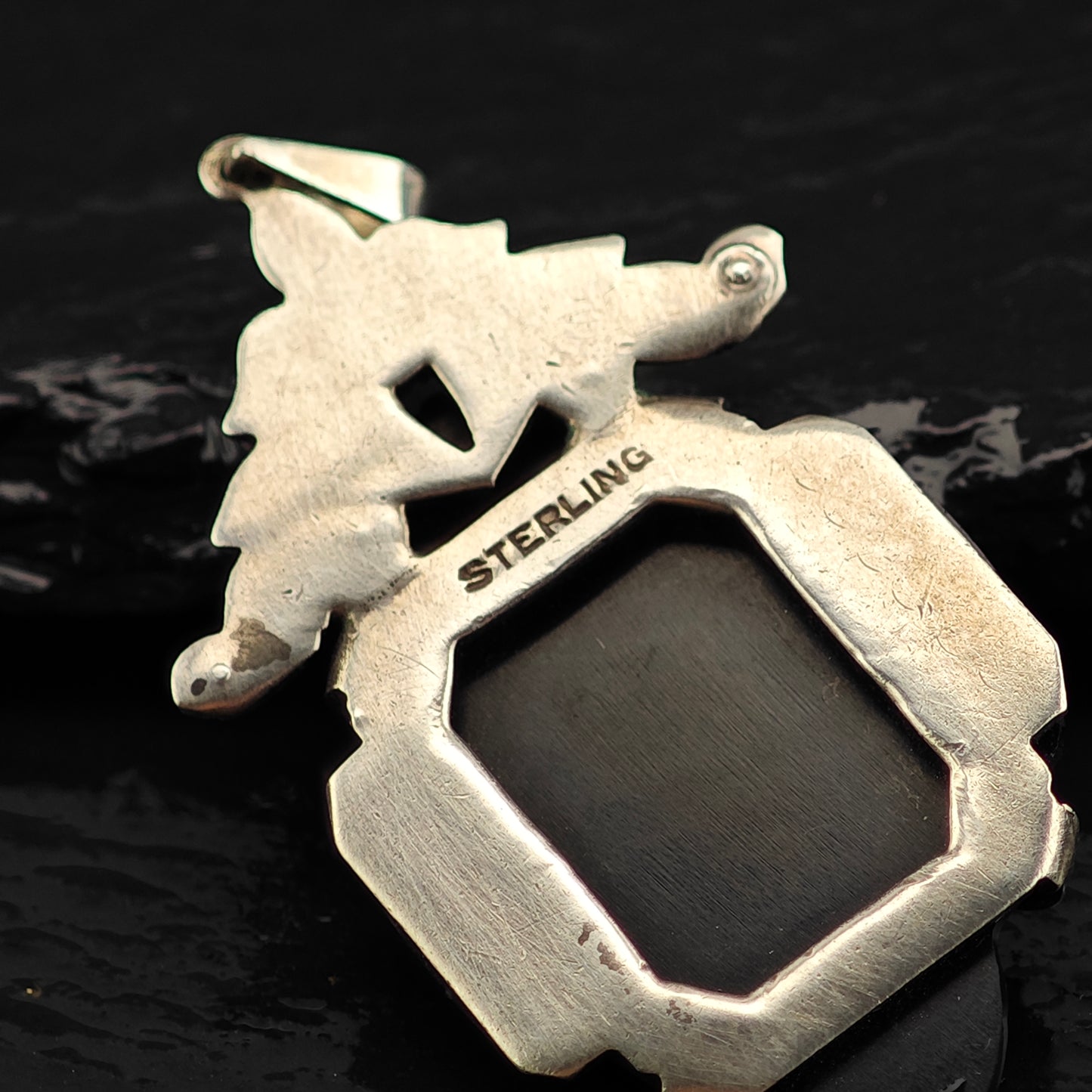 Art Deco Carved Onyx Floral Pendant Sterling Silver