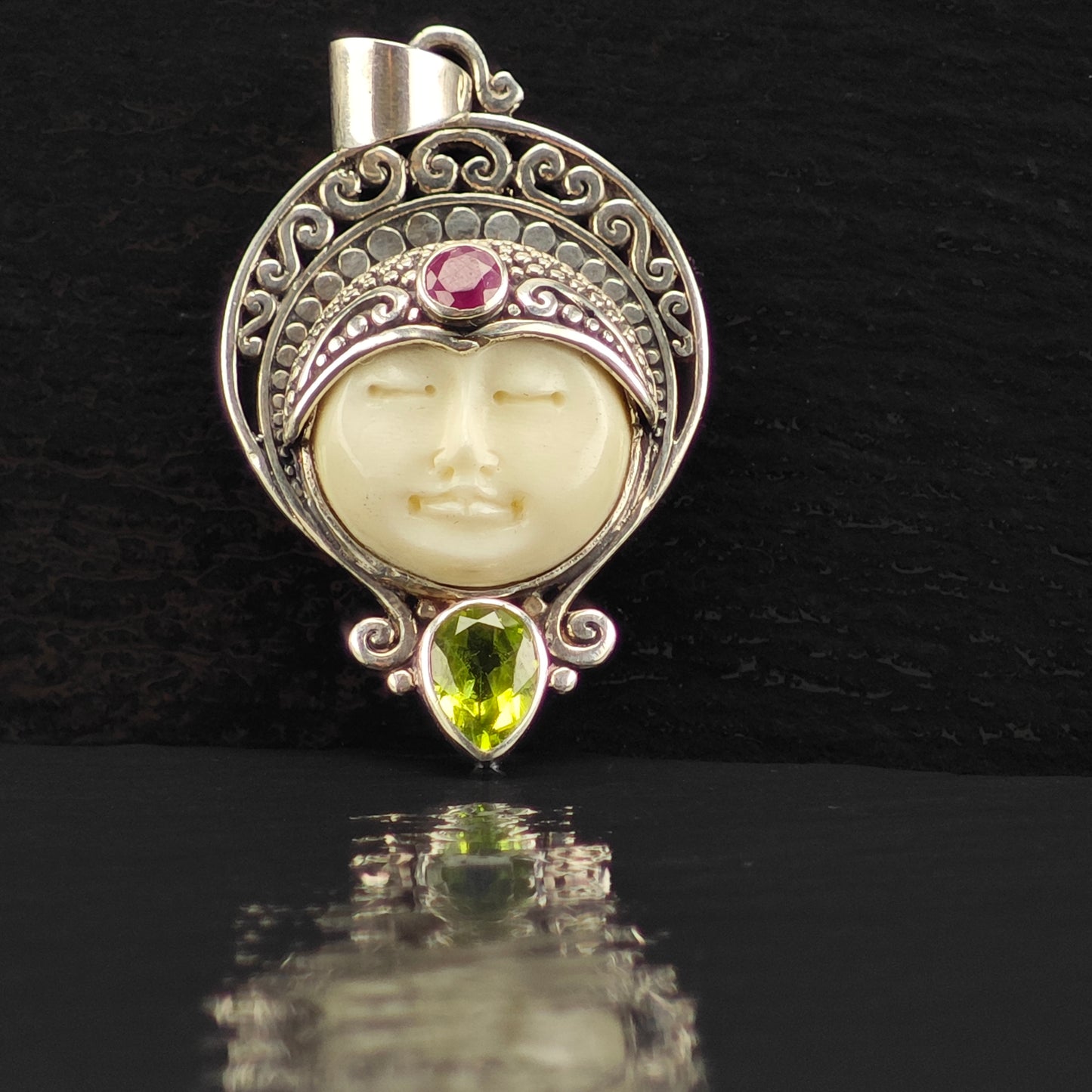Bali Goddess, Ruby, Peridot Pendant Sterling Silver