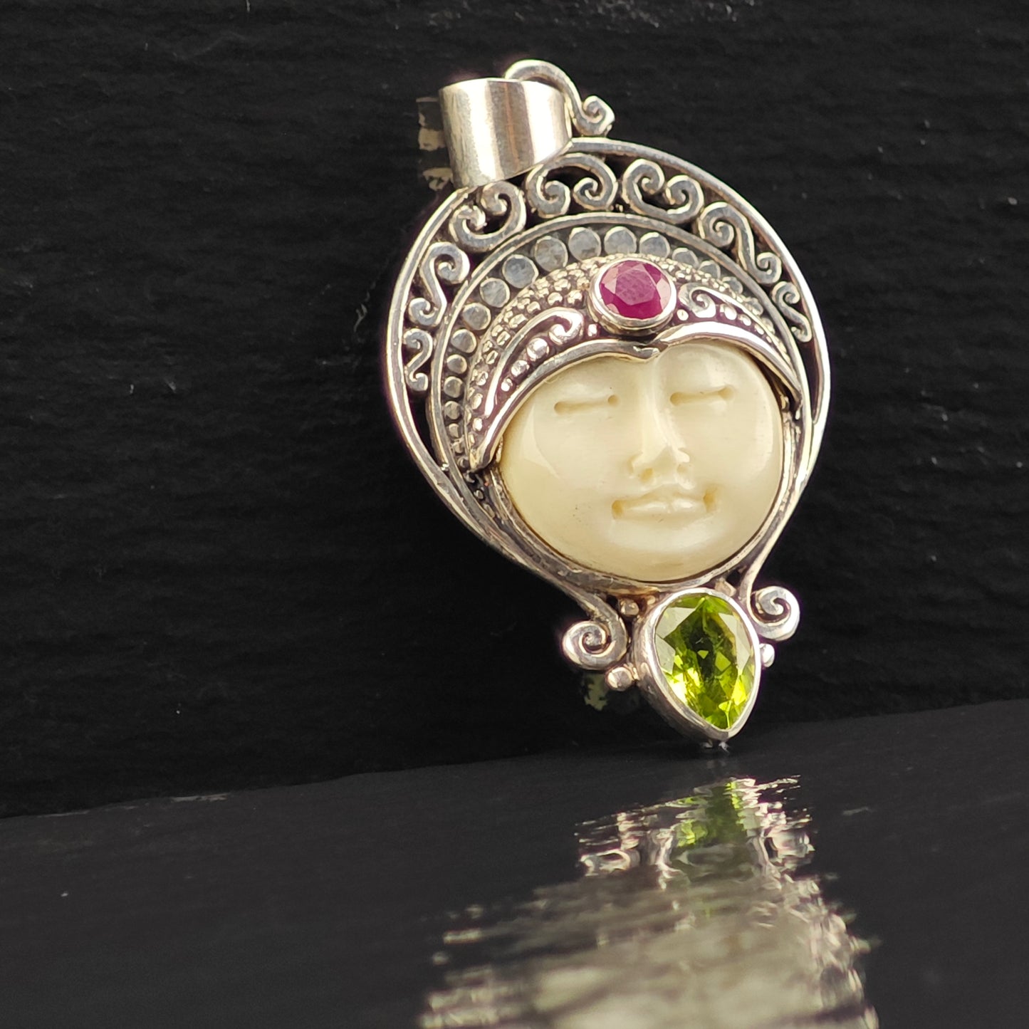 Bali Goddess, Ruby, Peridot Pendant Sterling Silver