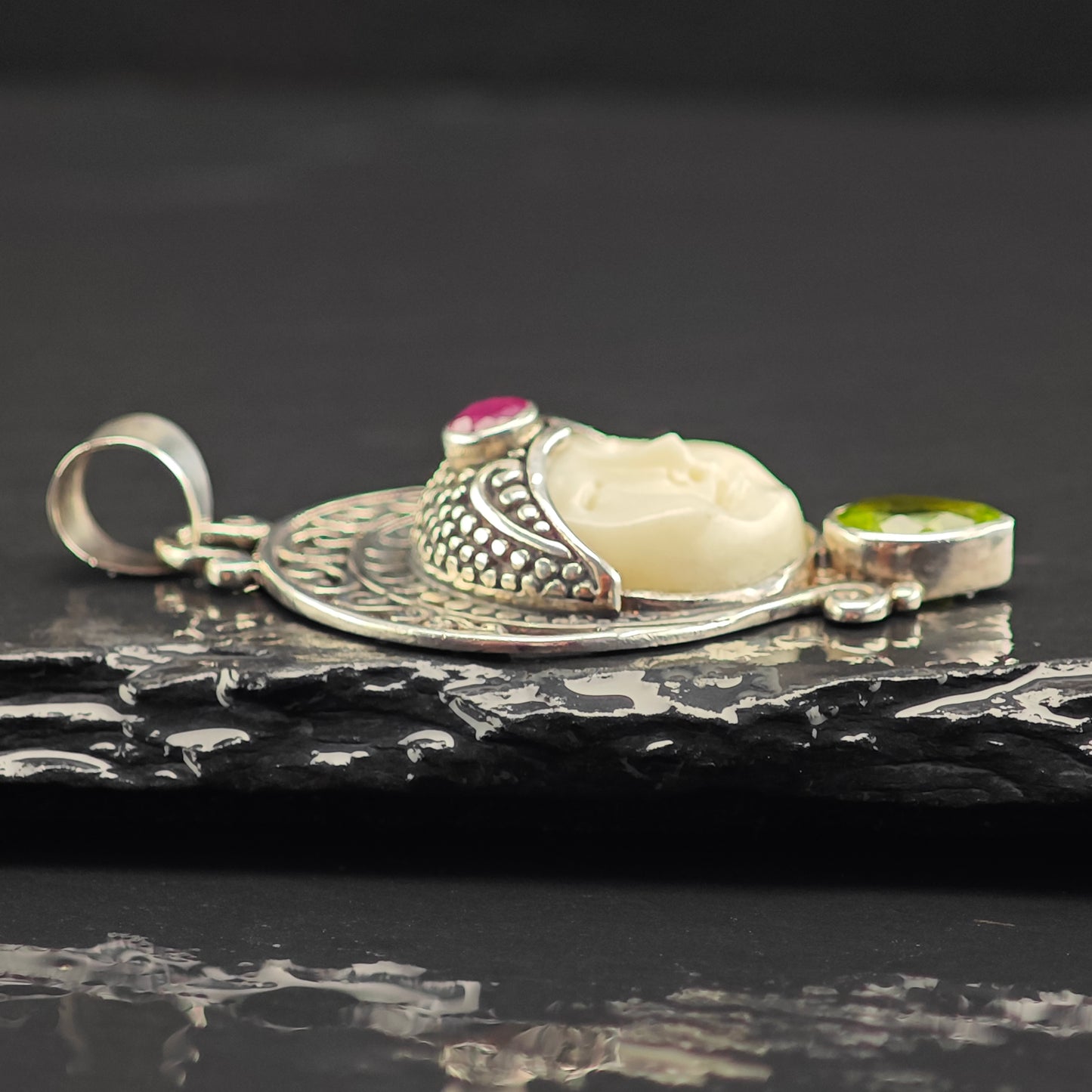 Bali Goddess, Ruby, Peridot Pendant Sterling Silver