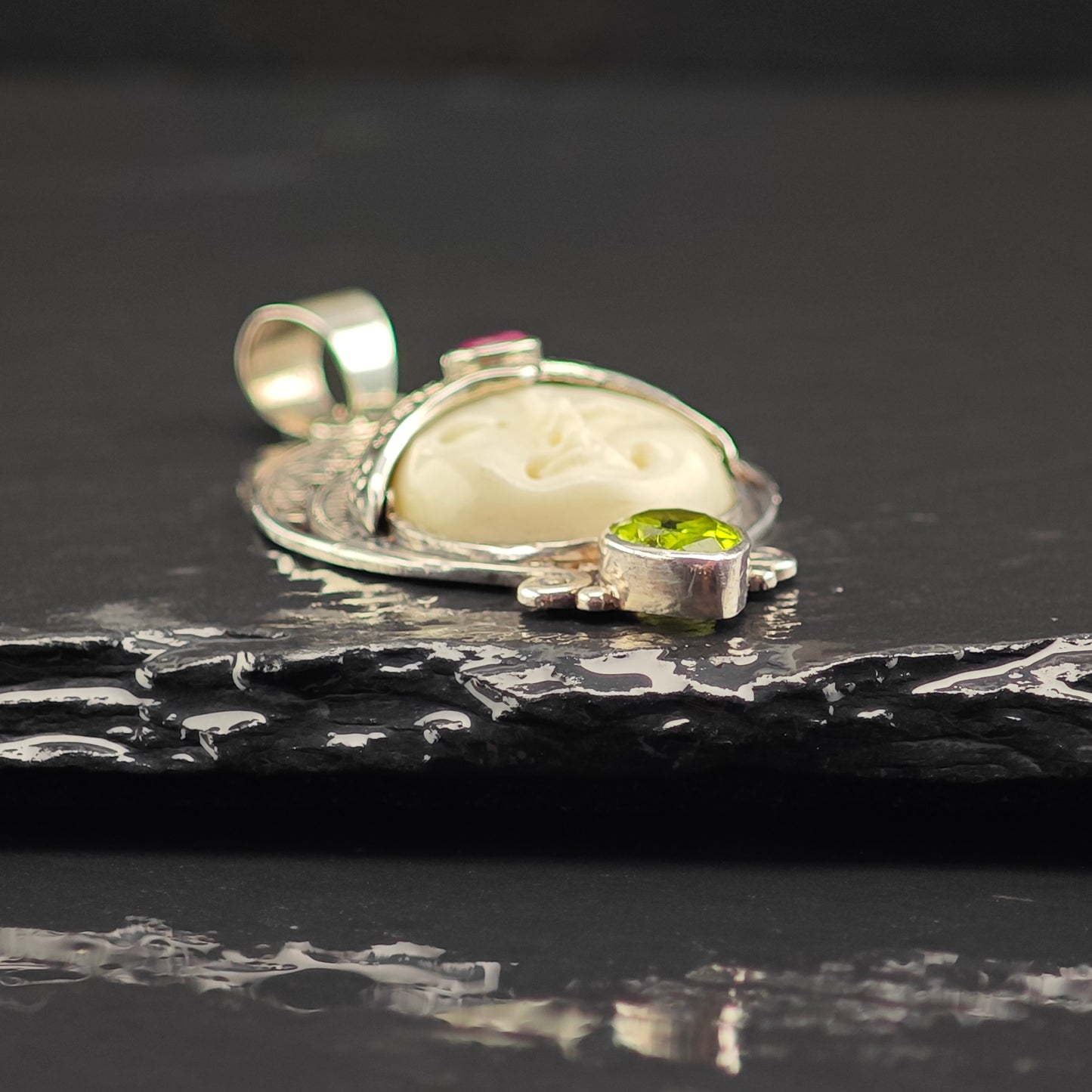 Bali Goddess, Ruby, Peridot Pendant Sterling Silver