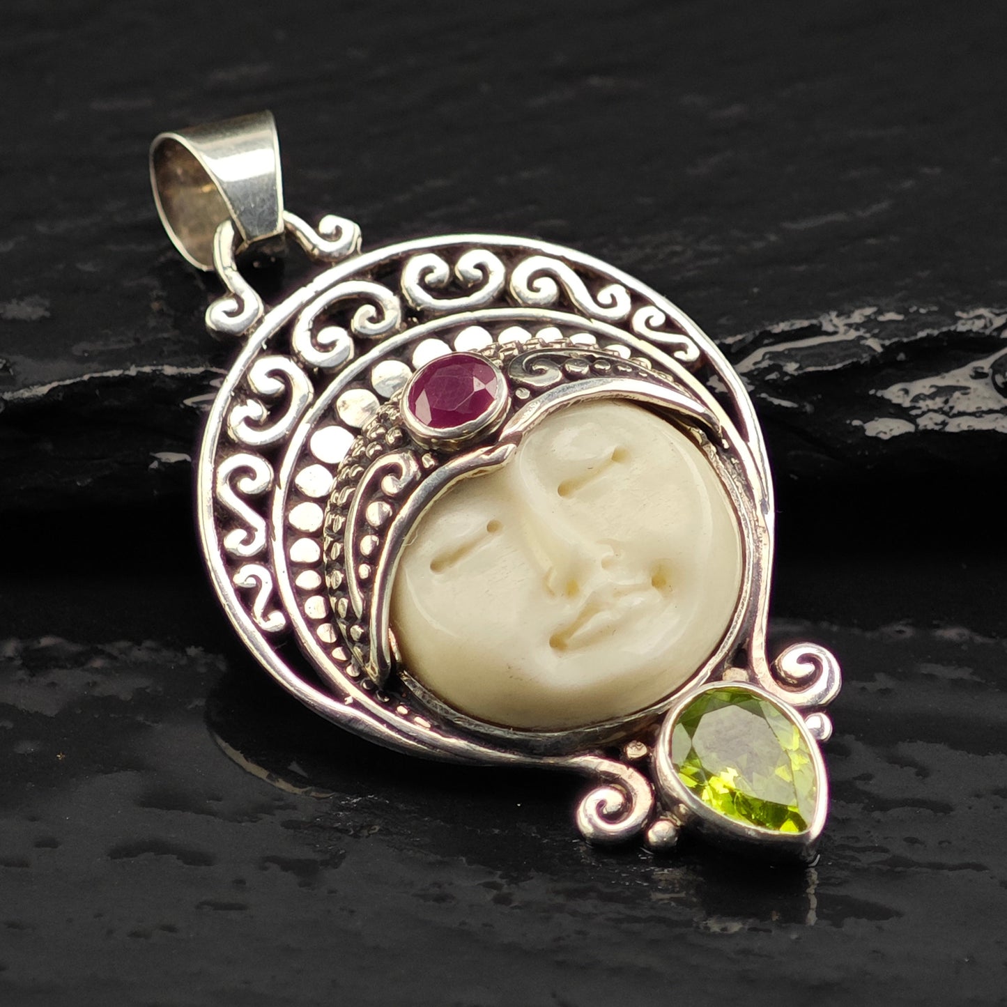Bali Goddess, Ruby, Peridot Pendant Sterling Silver