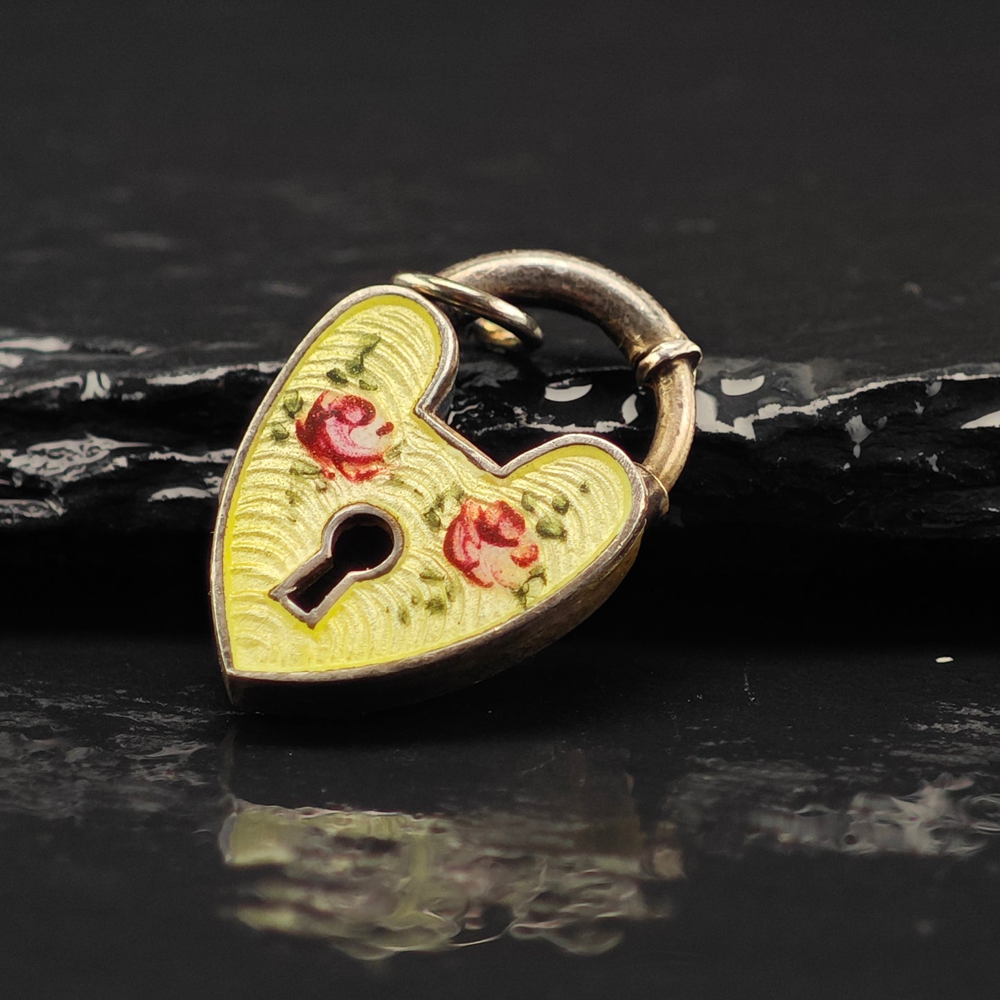 Antique Enamel Padlock Heart Pendant Sterling Silver