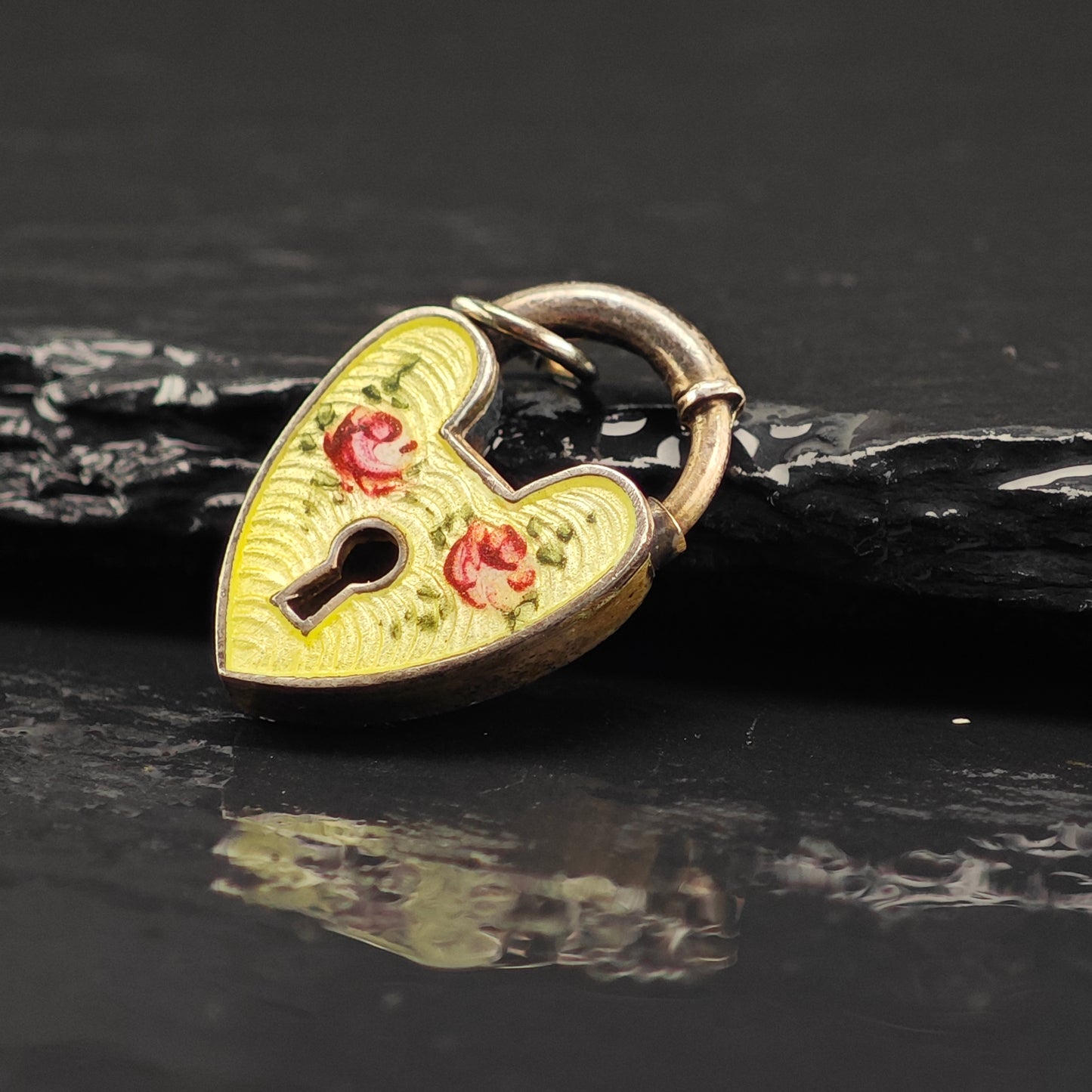 Antique Enamel Padlock Heart Pendant Sterling Silver