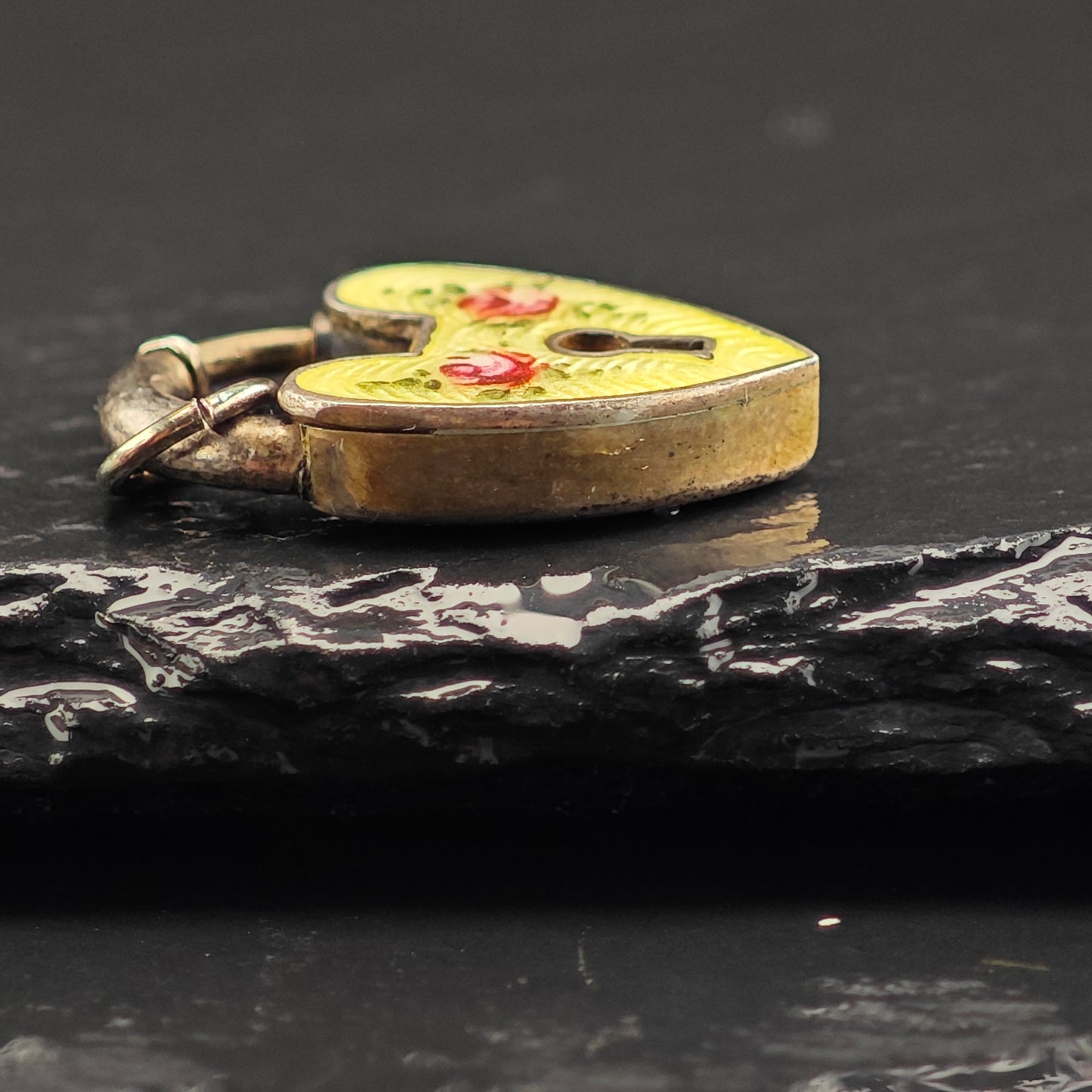 Antique Enamel Padlock Heart Pendant Sterling Silver