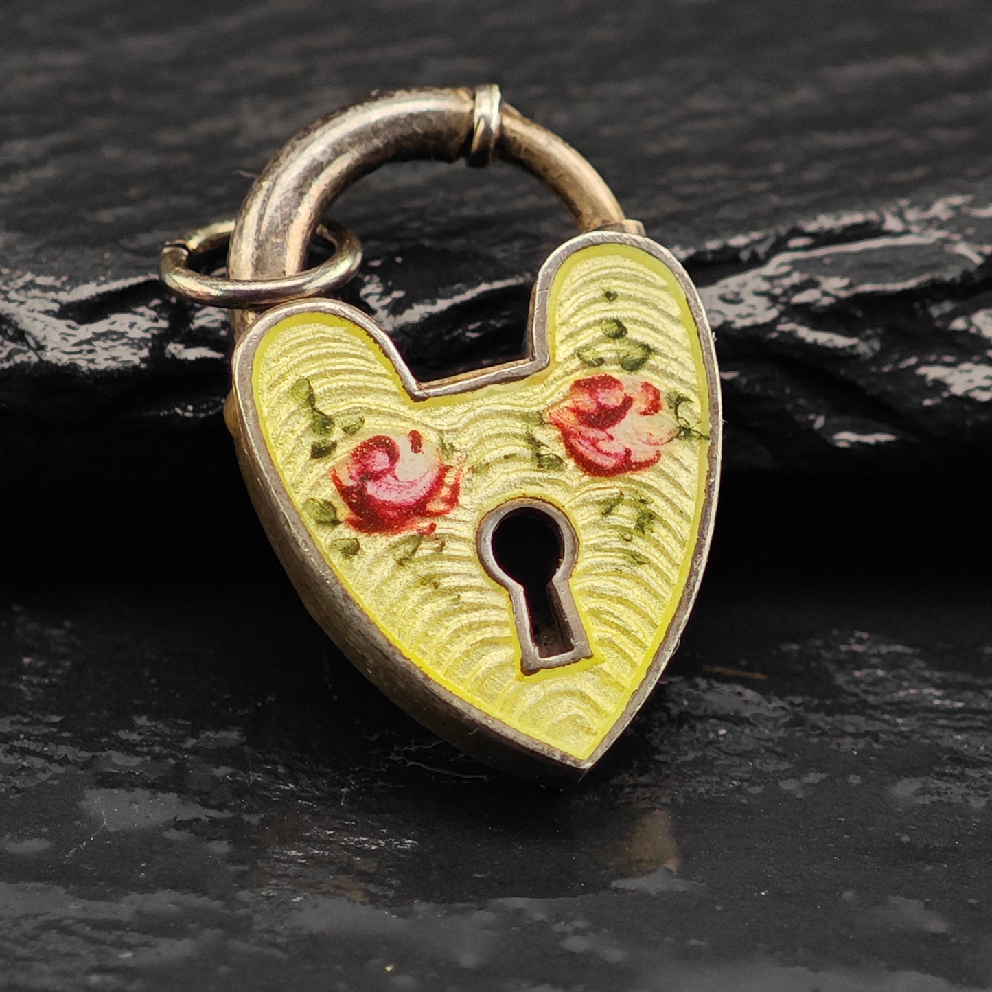 Antique Enamel Padlock Heart Pendant Sterling Silver